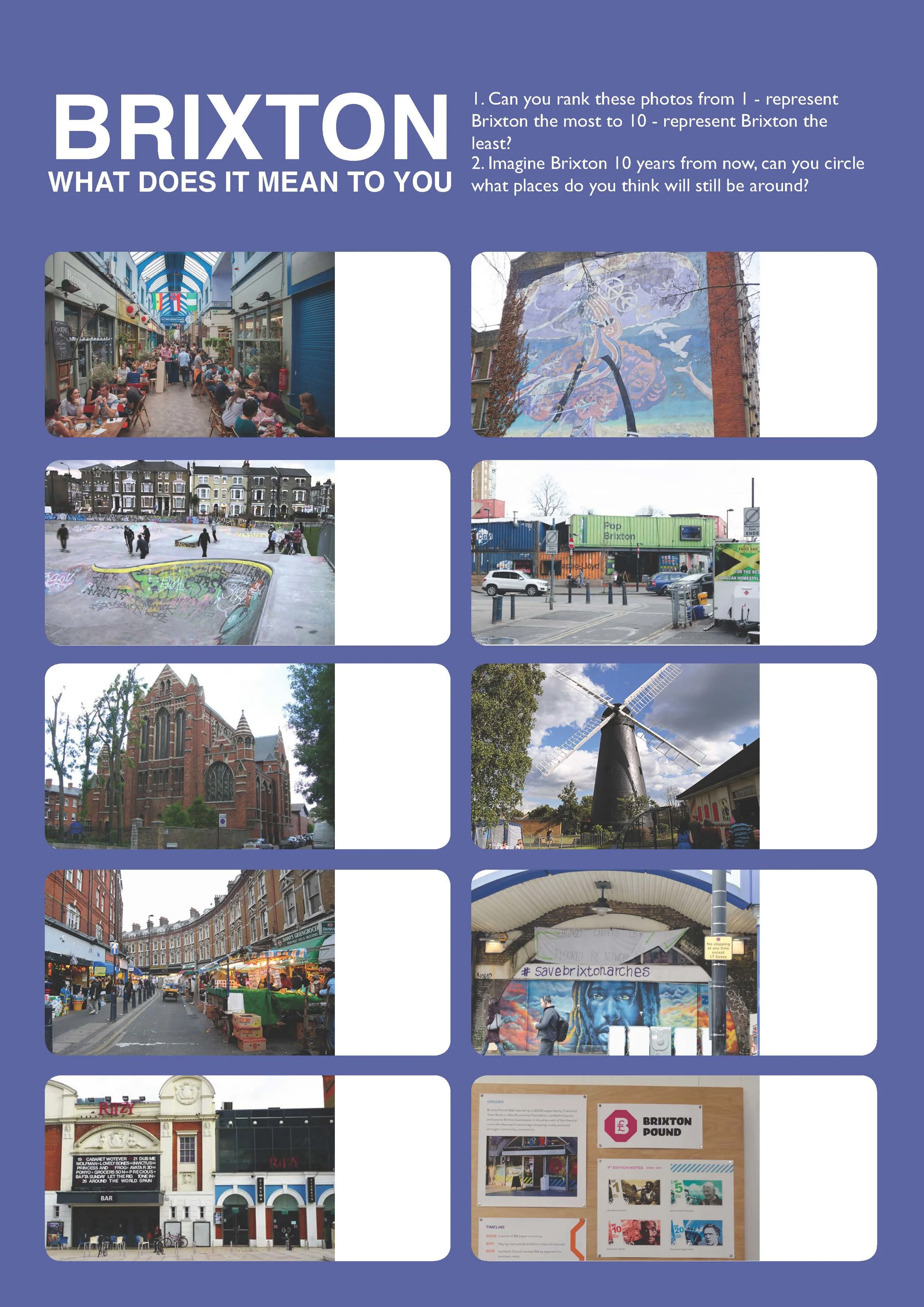 CARD SORTING ACTIVITY: As a group, we split up among the community and asked participants to rate these images 1–10  according to which images represented Brixton the most (1 being least like Brixton).  Secondly, we asked participants to c…