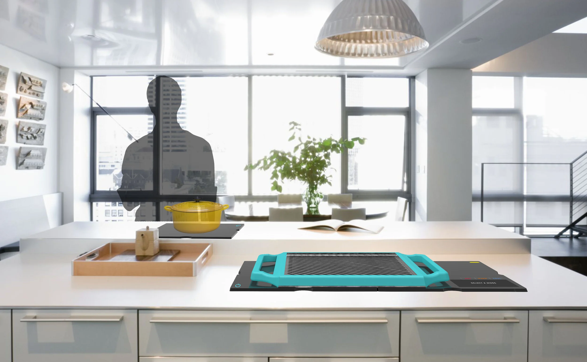 The black base tiles can be pieced together to form larger connecting cooking surfaces.  Since these tiles are moveable, users can disperse the cooking or food preparation tasks about the home or environment. Any cookware or Module Tiles placed…