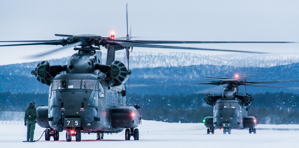 Two Sikorsky CH-53GA "German Advanced" equipped with EAPS and a SELEX GALILEO FLIR111 , gearing up for a training flight at Ivalo Airport