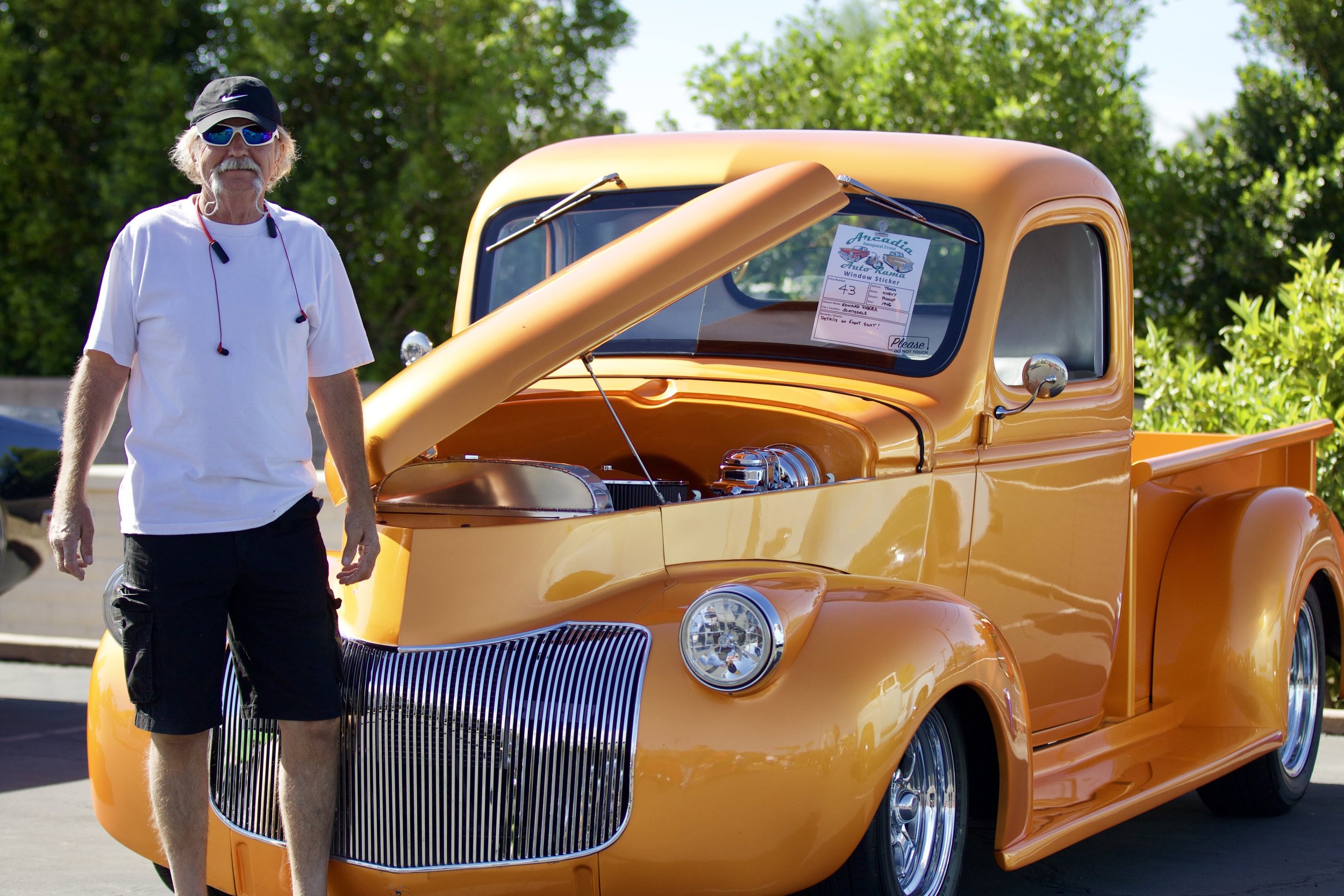 Edward Vara and his 1946 Chevy Pickup has a 350 Cubic Inch crate engine, 350 Turbo trans, Tangelo Pearl paint, a 9" Ford rear,