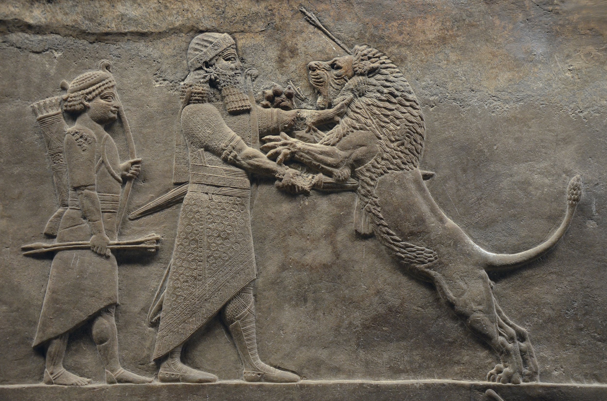 A relief showing King Ashurbanipal of Assyria (now northern Iraq), c. 645-635 B.C. In addition to his lion-fighting prowess, Ashurbanipal was also famed for building what many scholars consider the first true library. &nbsp;