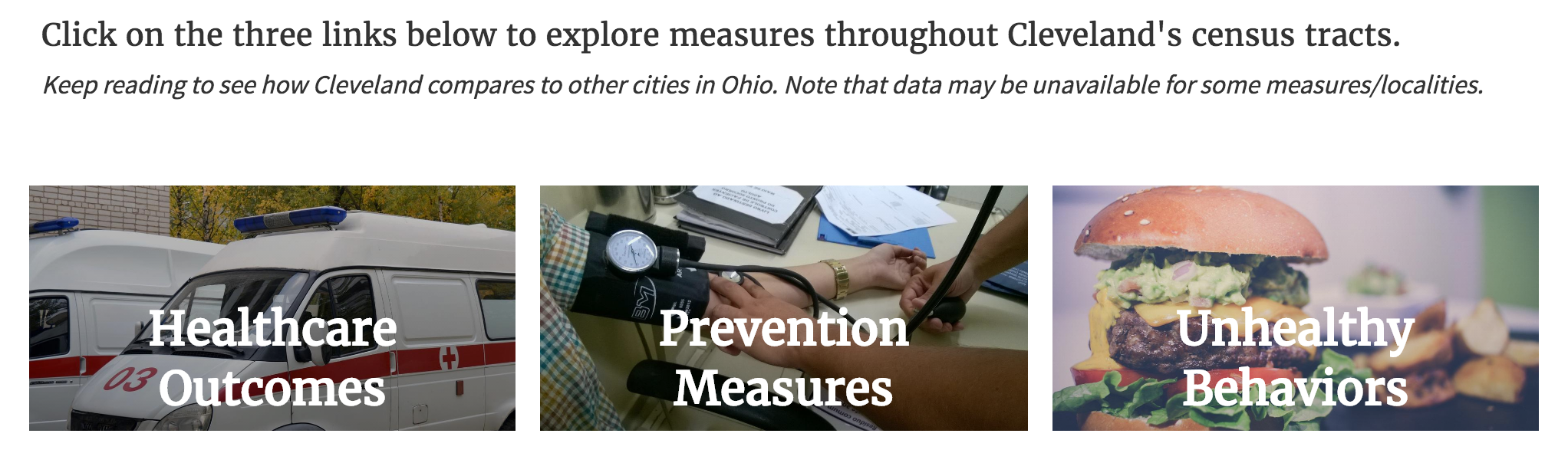 The Cleveland data story is actually four stories: a landing page and three sub-pages that each focus on a particular category. A simple navigation menu, created with hyperlinked images, links them together.&nbsp;