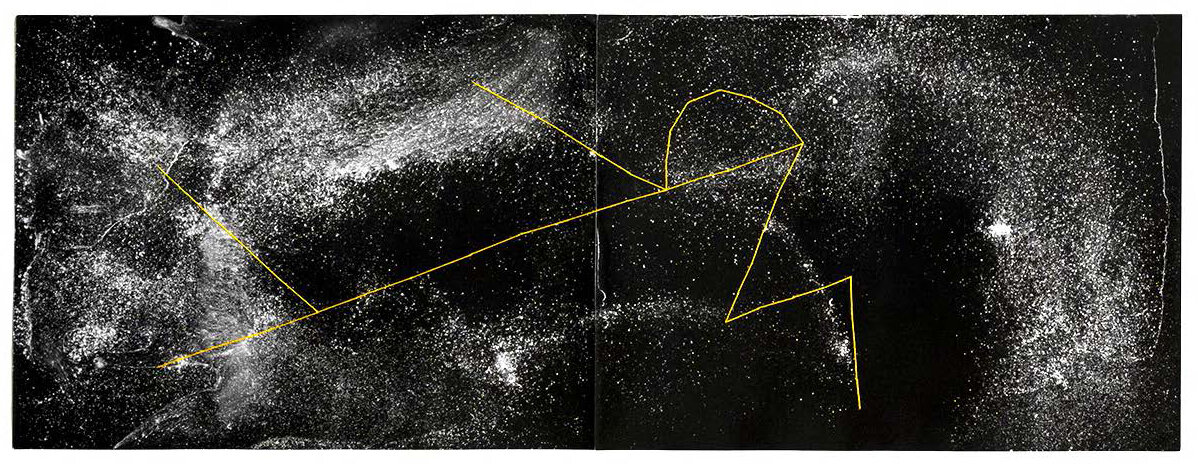  GIORGIA VALLI Map of Universe G. Constellation, 2018 Yellow stars from the System of Stellar Classification O.B.A.F.G.K.M. (Oh Be A Fine Guy, Kiss Me) Unique Photograms. Gelatin Silver Prints. Hand-sewn. Diptych 11.5 x 31.5 inches; frame: 17.5 x 37 