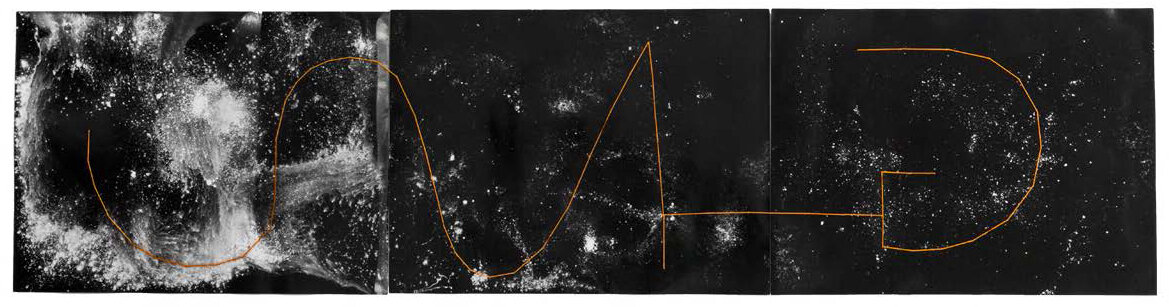  GIORGIA VALLI Map of Universe F. Constellation, 2018 White stars from the System of Stellar Classification O.B.A.F.G.K.M. (Oh Be A Fine Guy, Kiss Me) Unique Photograms. Gelatin Silver Prints. Hand-sewn. Triptych 11.5 x 47.5 inches; frame: 17.5 x 53 