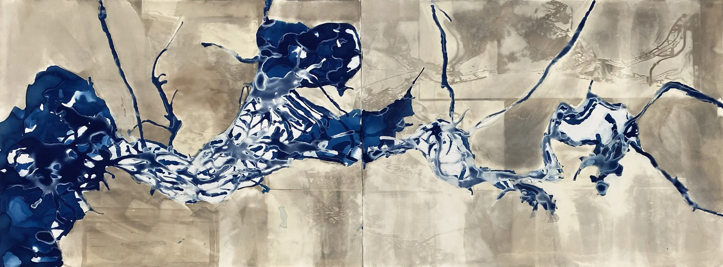 ANSLEY WEST RIVERS  Sacramento, San Joaquin and Napa Rivers as they form the San Francisco Bay,  2019  Cyanotype and palladium print on watercolor paper 22 × 60 in Edition varée of 3 +2AP   INQUIRE  