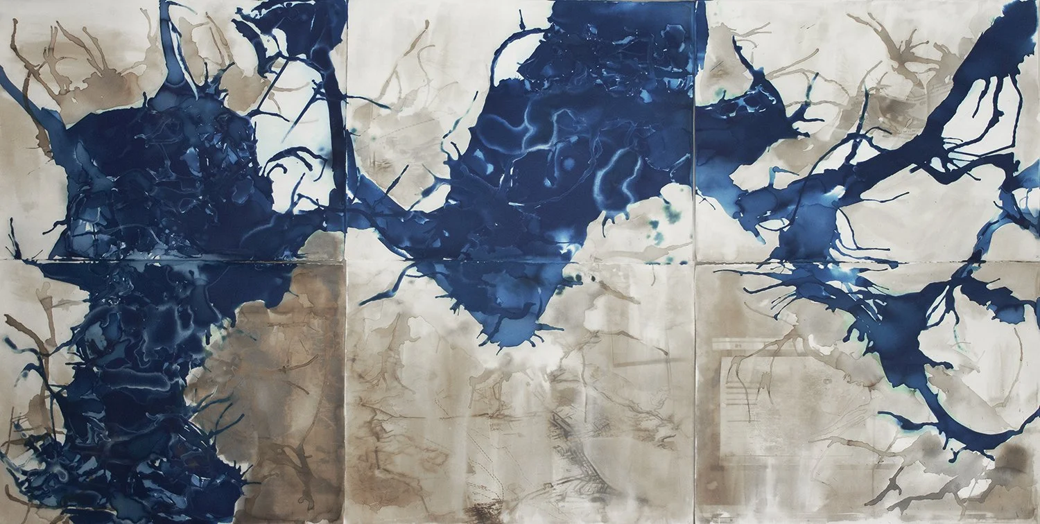  ANSLEY WEST RIVERS  Sacramento, San Joaquin and Napa Rivers as they form the San Francisco Bay,  2019  Cyanotype and palladium print on watercolor paper 44 × 90 in Edition varée of 3 +2AP   INQUIRE  
