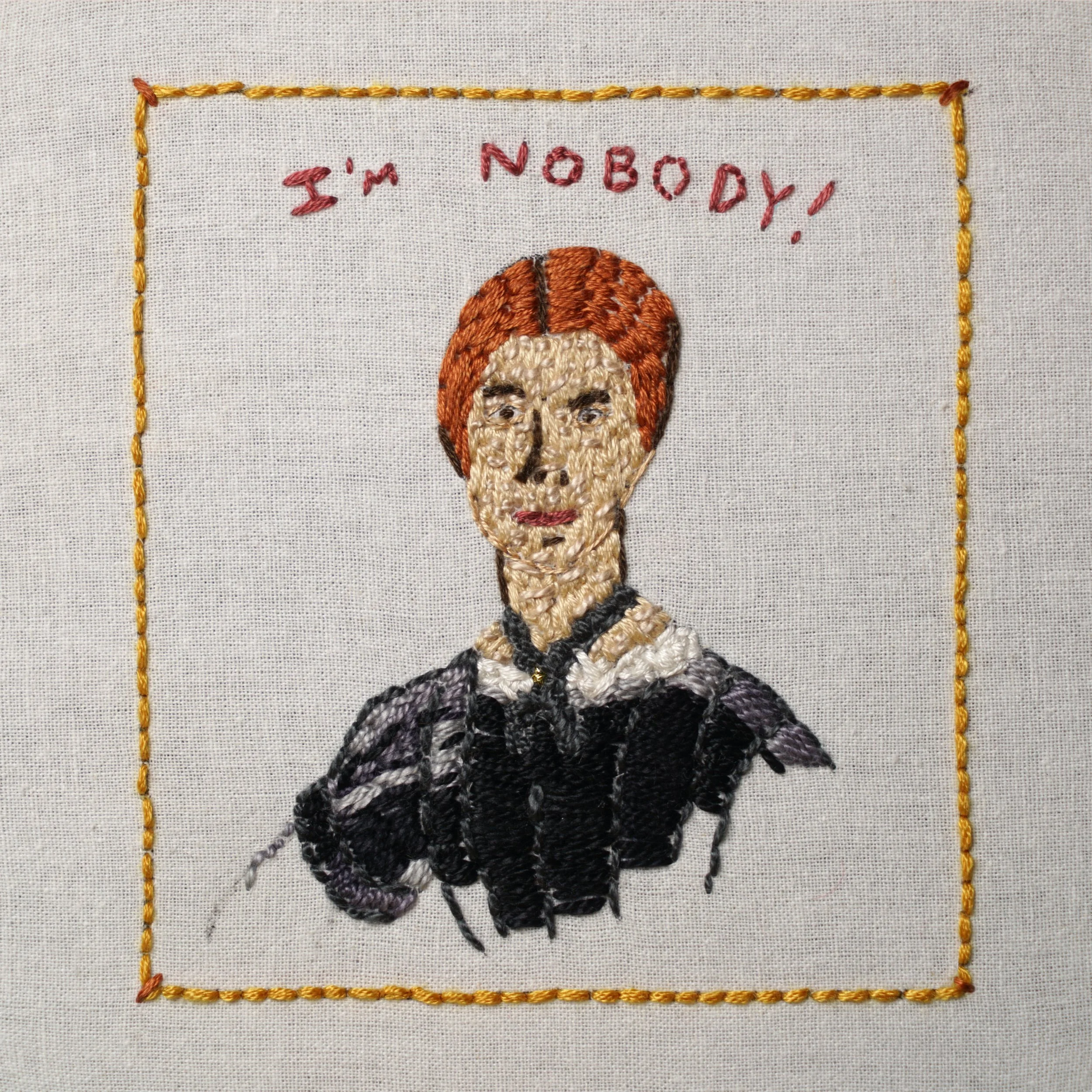 JONA FRANK Stitching No. 27: Emily D., 2019 Embroidery floss stitched on dish towel, unique 4 x 4 in, framed 9 x 9 in   INQUIRE  