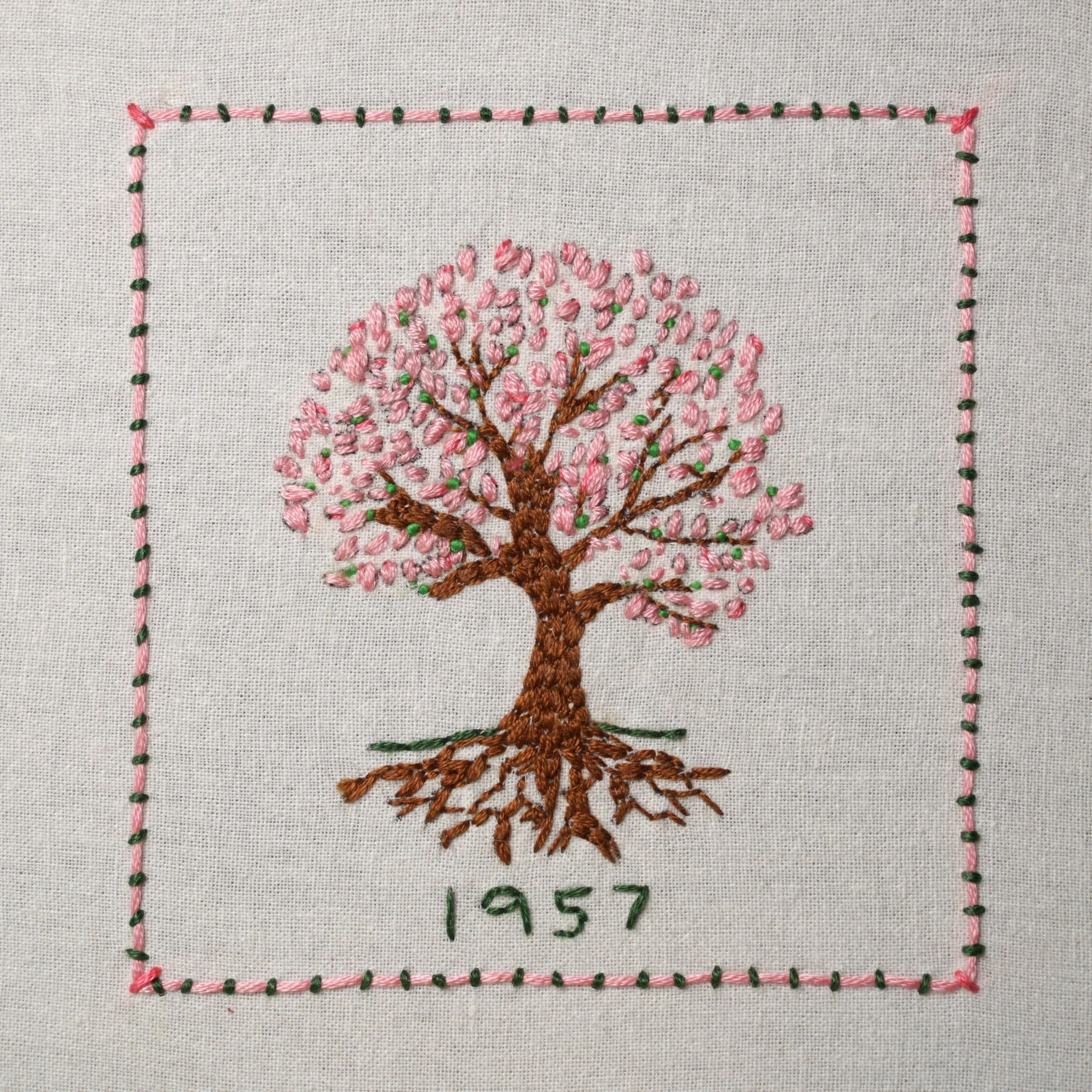  JONA FRANK  Stitching No. 16: 1957,  2019 Embroidery floss stitched on dish towel, unique 4 x 4 in, framed 9 x 9 in   INQUIRE  