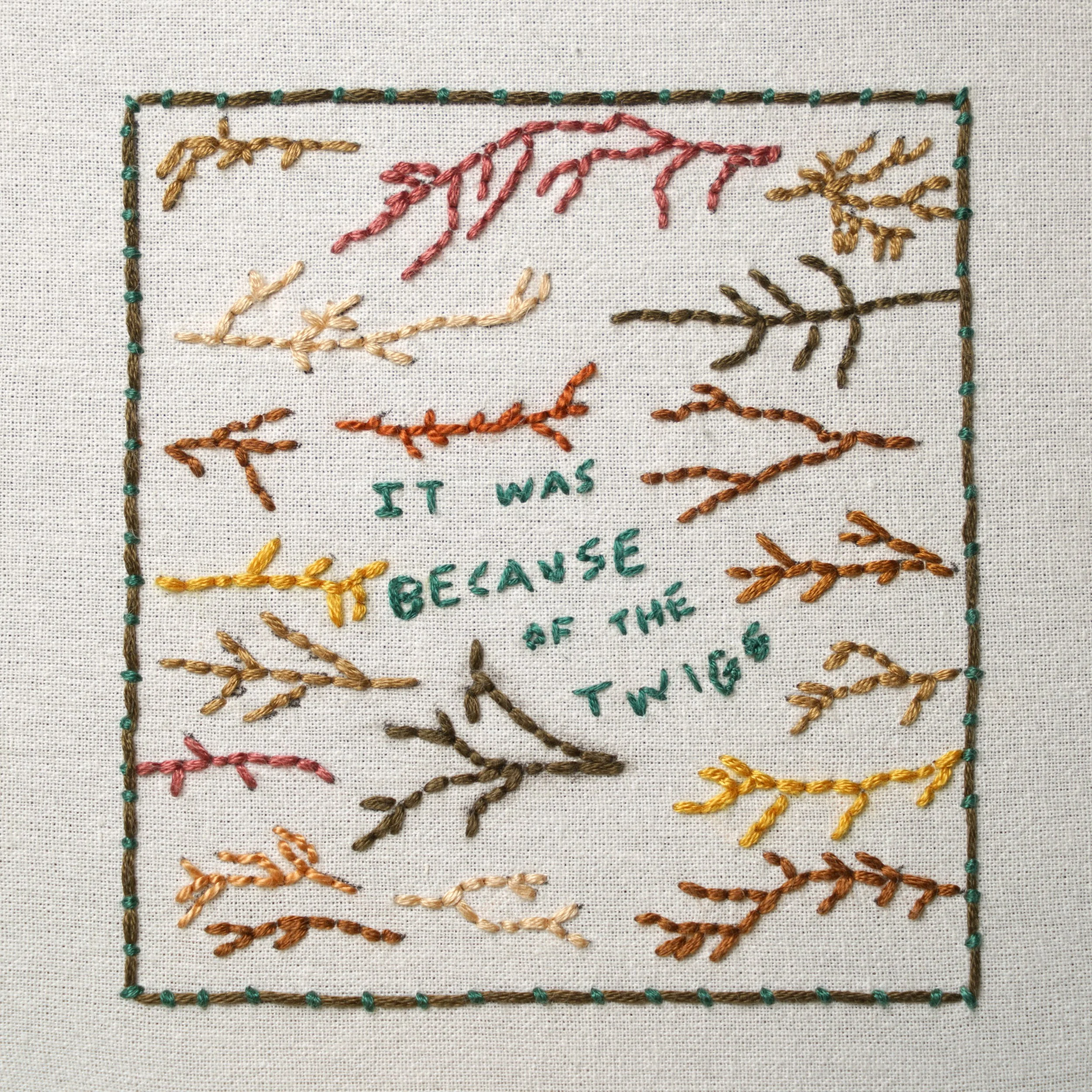  JONA FRANK Stitching No. 26: Twigs Embroidery floss stitched on dish towel, unique 4 x 4 in 