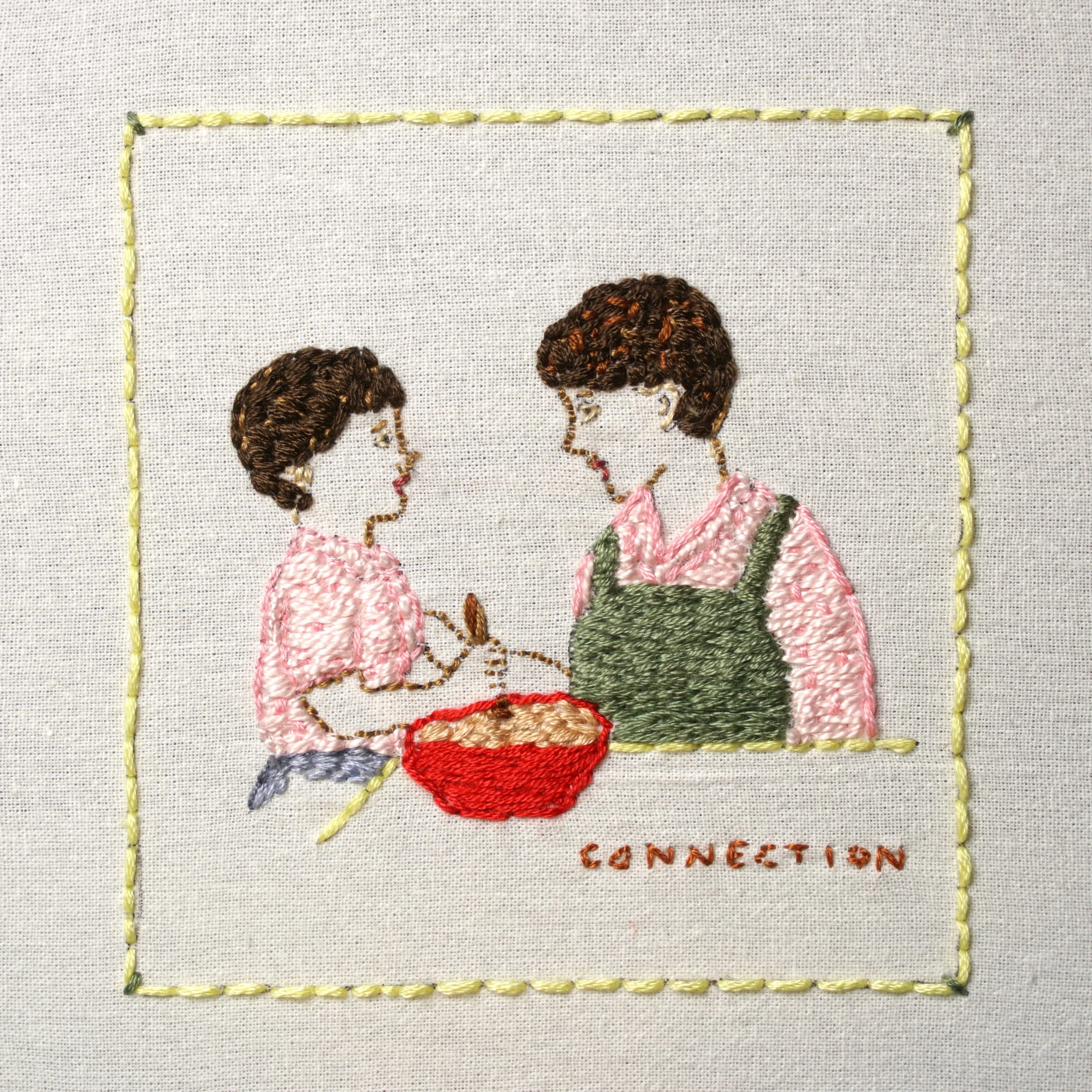  JONA FRANK Stitching No. 13: Connection Embroidery floss stitched on dish towel, unique 4 x 4 in 