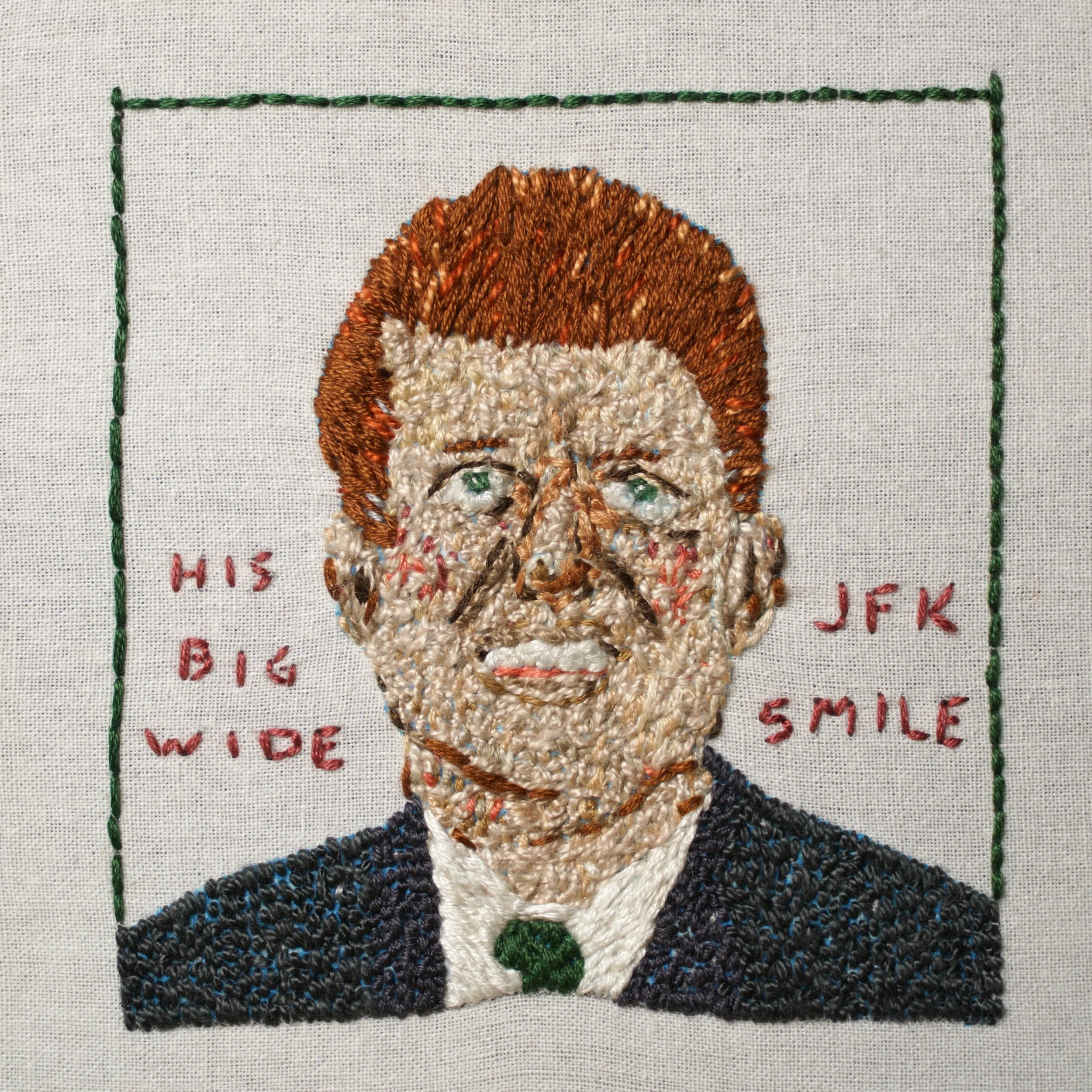  JONA FRANK Stitching No. 29: JFK Embroidery floss stitched on dish towel, unique 4 x 4 in 