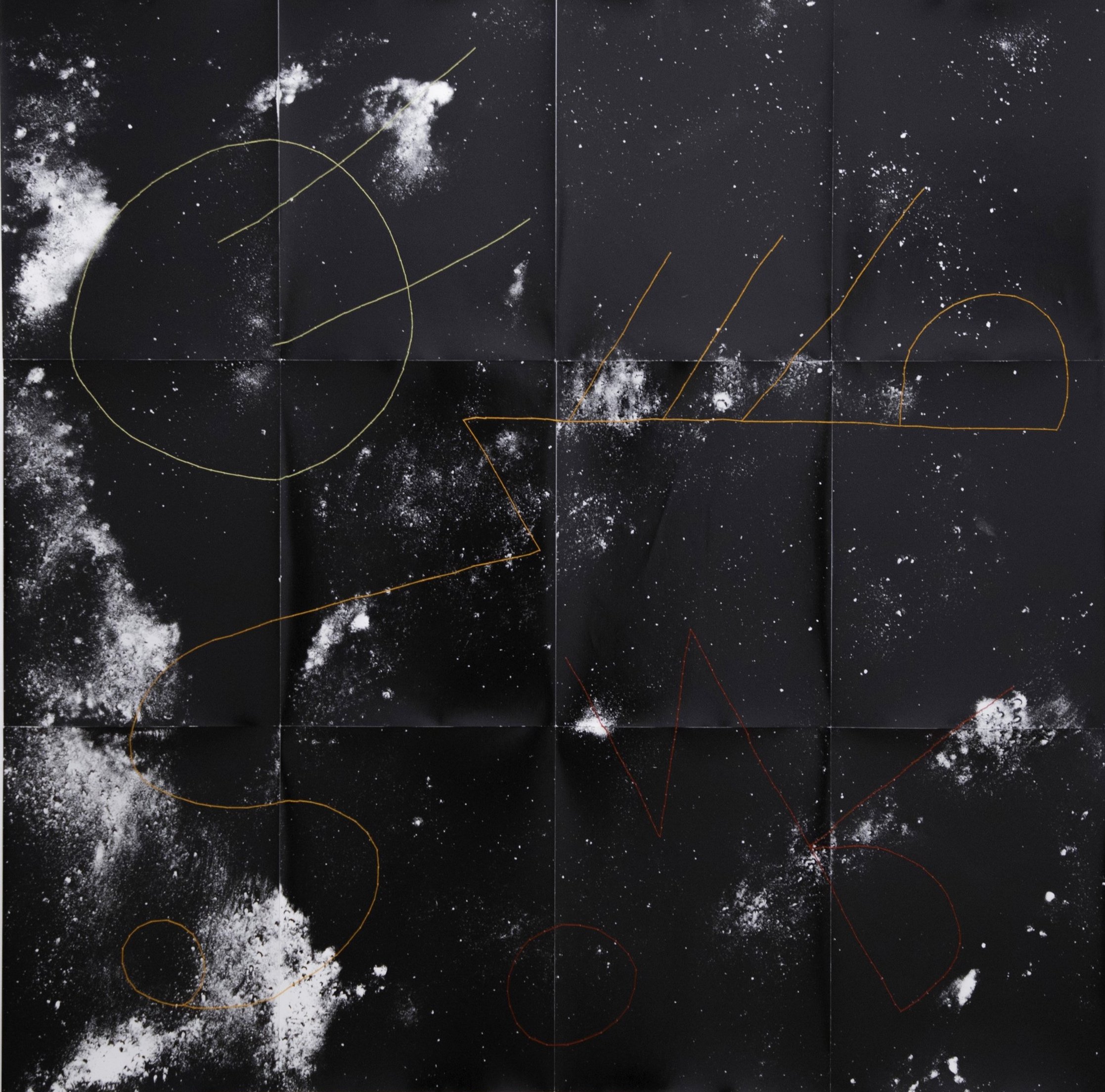  GIORGIA VALLI Map of Universe G.K.M Constellation, 2018 Red, Orange, Yellow Stars from the System of Stellar Classification O.B.A.F.G.K.M. (Oh Be A Fine Guy, Kiss Me) Unique Photograms. Gelatin Silver Prints. Hand-sewn. Mosaic (12 prints) 48 x 48 in