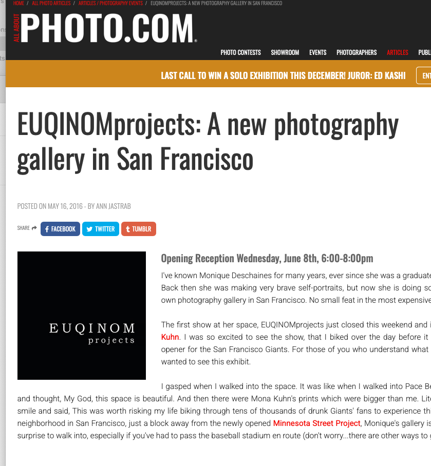  Press  ALL ABOUT PHOTO     EUQINOMprojects: A new photography gallery in San Francisco      by Ann Jastrab May 16, 2016 