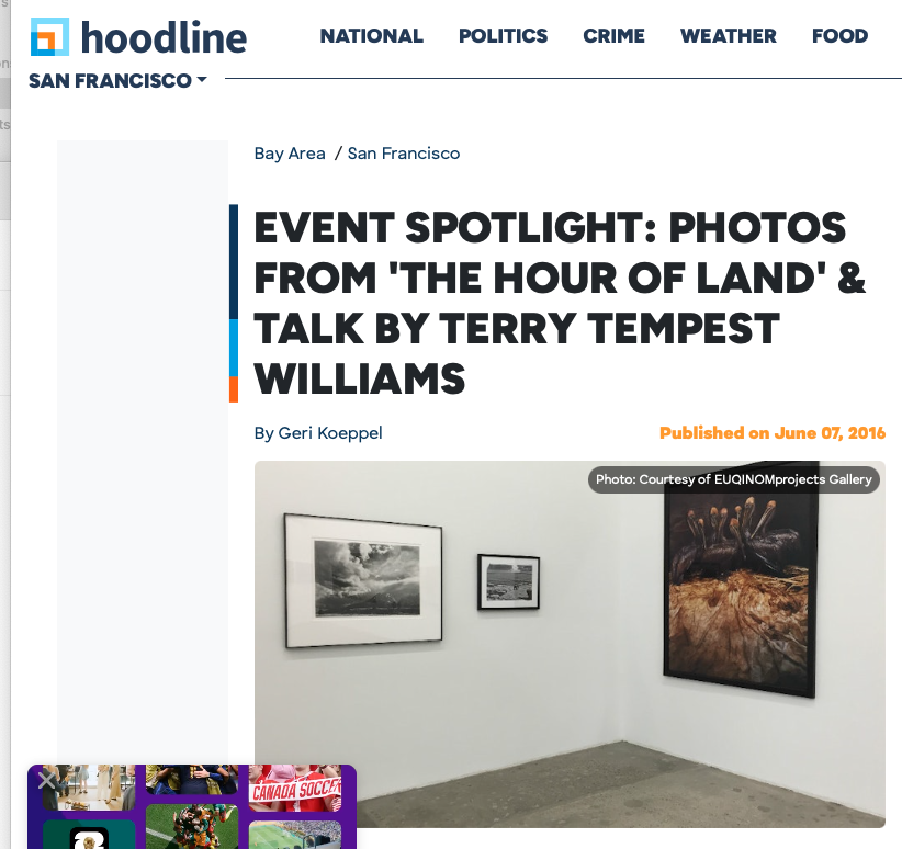  PRESS  HOODLINE     Event Spotlight: Photos From 'The Hour Of Land' &amp; Talk By Terry Tempest Williams      by Geri Koeppel June 7, 2016 