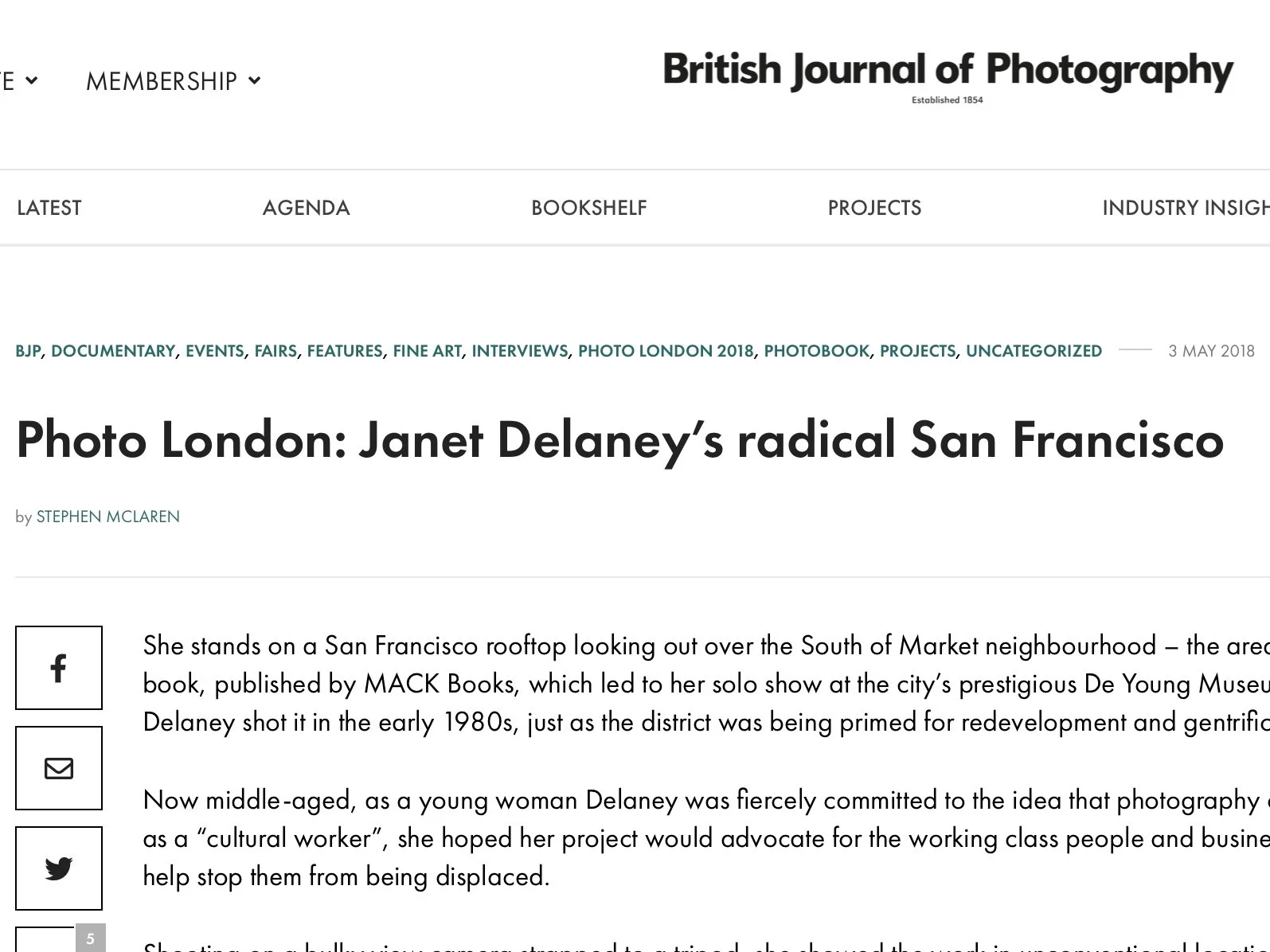  PRESS  BRITISH JOURNAL OF PHOTOGRAPHY    Photo London: Janet Delaney’s radical San Francisco     by Stephen McLaren May 3, 2018 