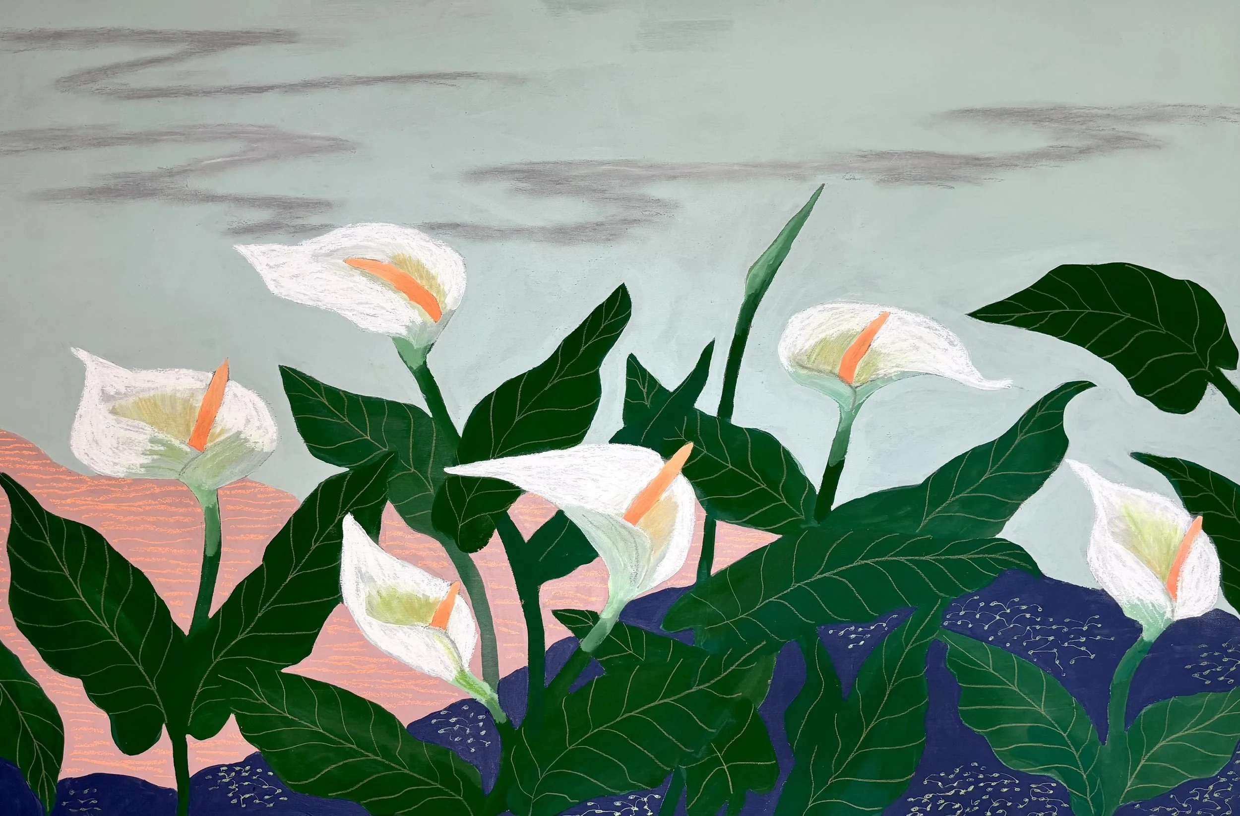  Iris de la Torre Cala Lilly Field, 2026 Acrylic, oil pastel, gel pen, colored pencil on wood panel 24 x 36 in (60.96 x 91.44 cm)   INQUIRE  