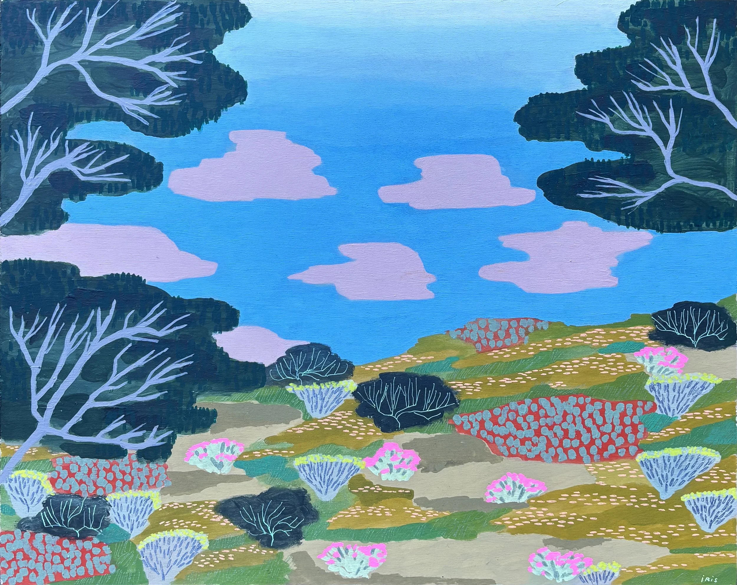  Iris de la Torre Shifting Through a Sunny Day, 2024 Acrylic, gen pen, and gouache on wood panel 16 x 20 in (40.64 x 50.8 cm)   INQUIRE  