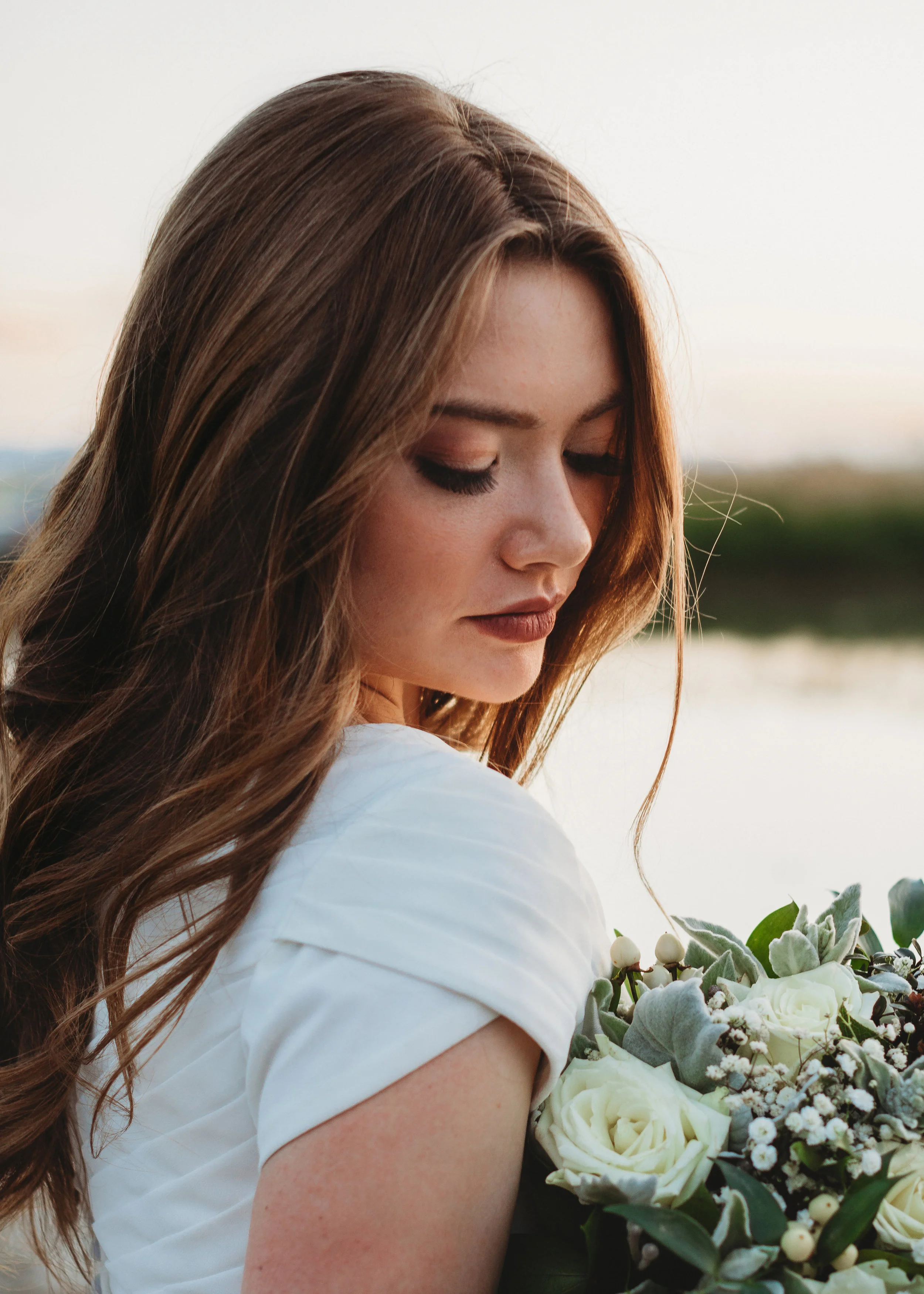 Bridal Makeup and Formal Styling by Angela Woodward Cosmetology Photographed by Miranda Farnsworth Photography Model - Olivia Hall Bouquet - Creative Wedding Events Utah Gown - Something Borrowed Bridal