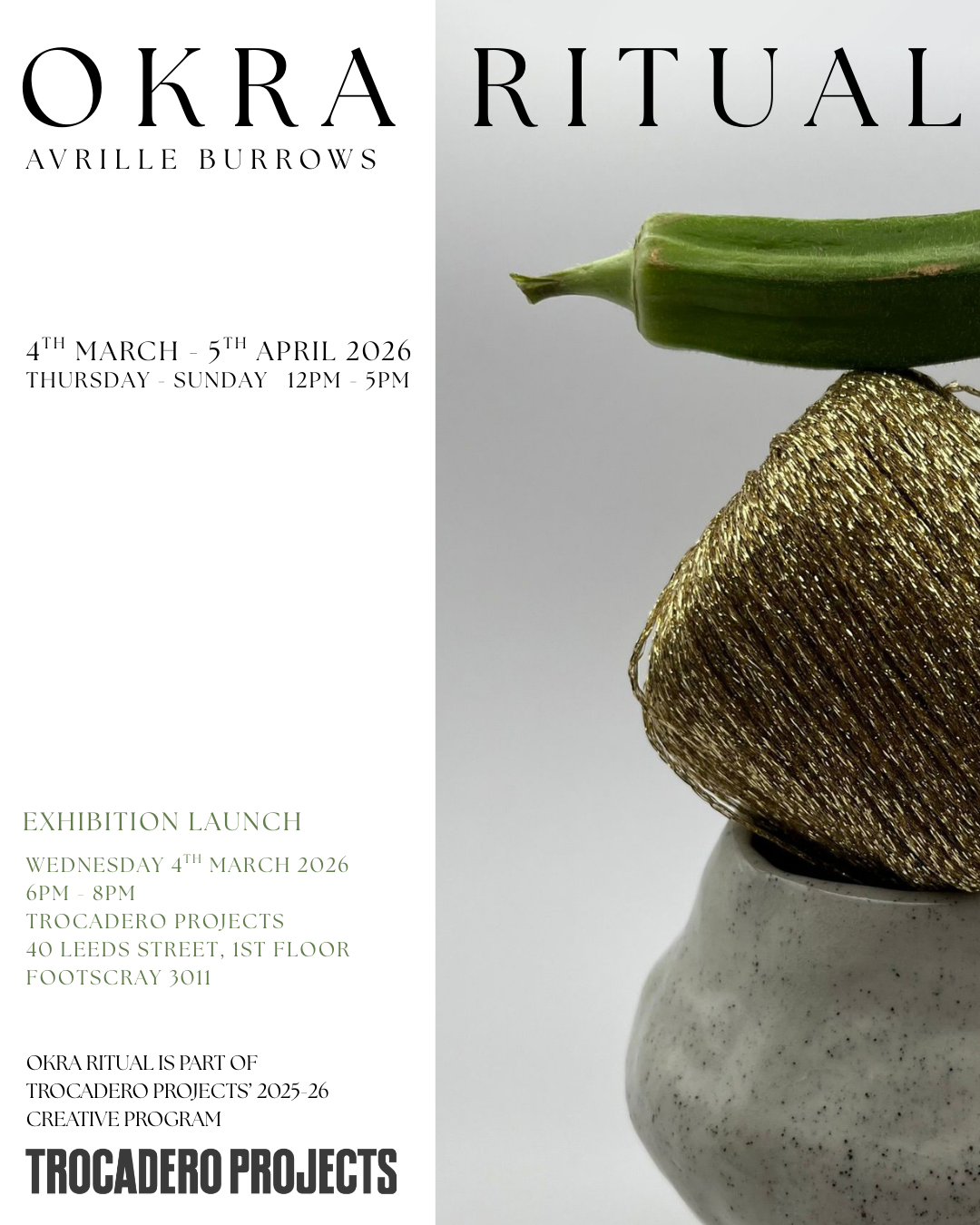 Okra stacked on top of gold yarn and small ceramic vase