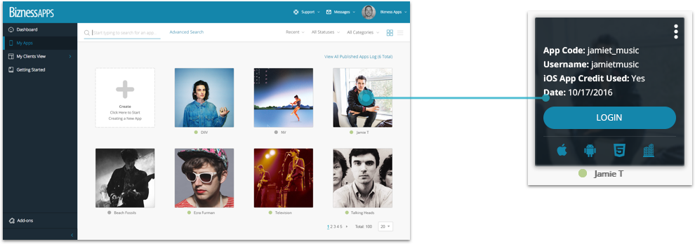     A list view for individuals who have a large amount of applications under their account is also provided. In order to not stray away from visual information and appeal, a small thumbnail of the individual application is provided. Top level inform