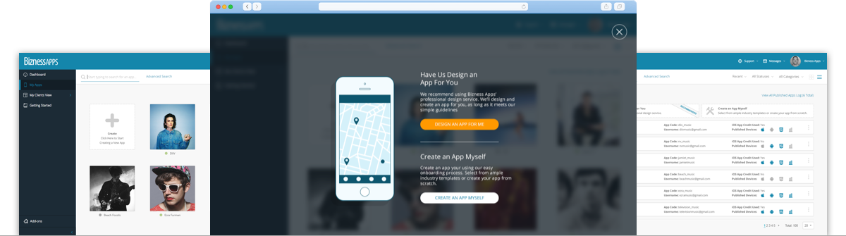     The Apps area has both a thumbnail and list view option. As the user hover overs an application they are able to view a list of information pertaining to that app. To promote a cohesive design style for page overlays, a dark blue blurred overlay 