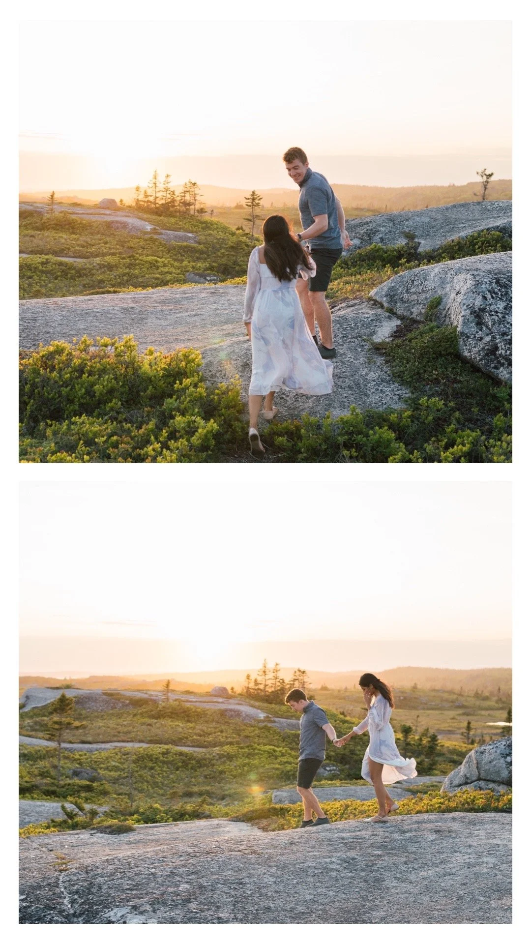 A man and woman walk along the rocks during sunset at Polly's Cove Trail in Nova Scotia.