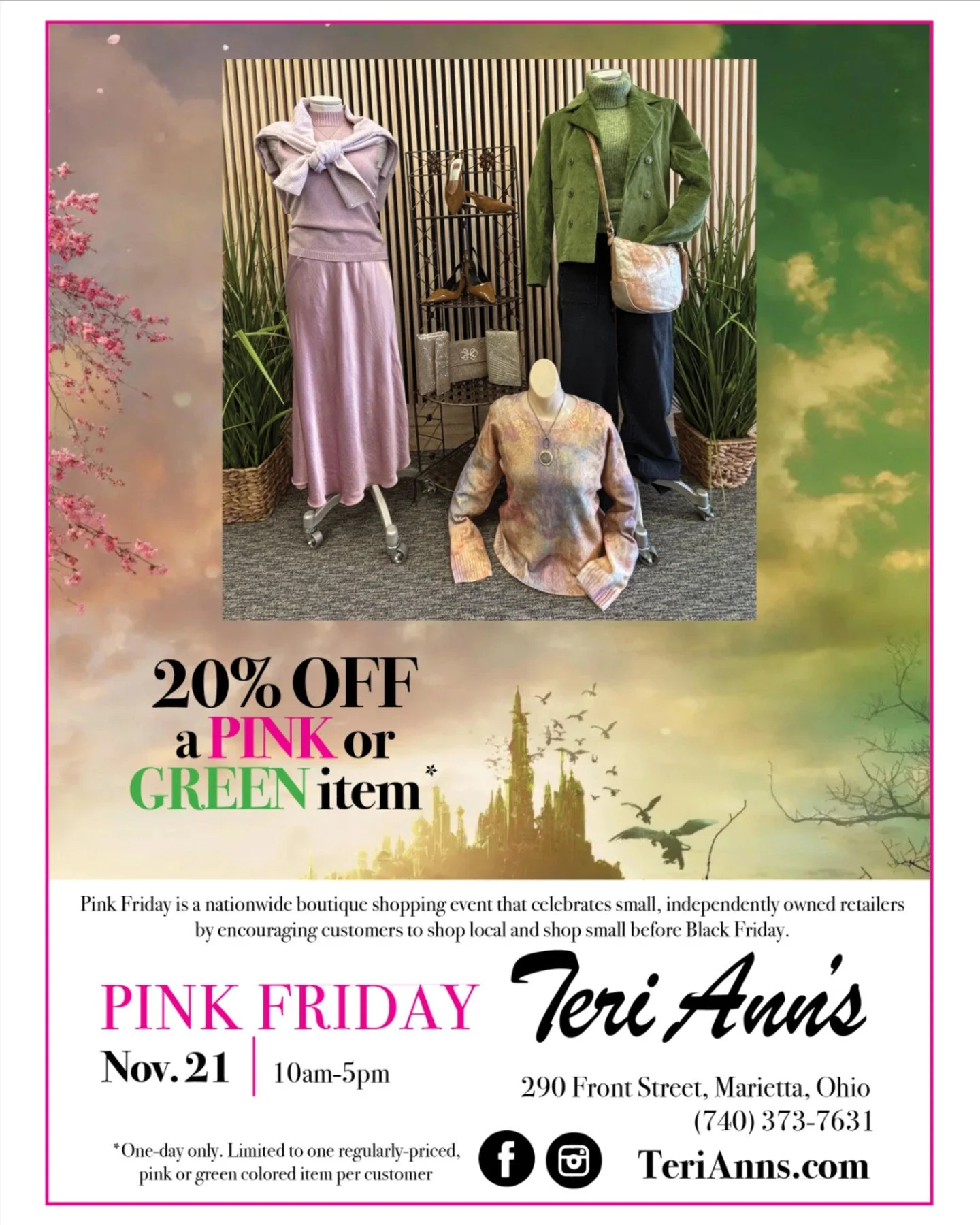 ✨ This Friday, November 21st is Pink Friday &mdash; and it&rsquo;s Wicked for Good! 💕💚
Celebrate small business magic with 20% off one pink or green item&mdash;November 21 only!
Shop local, shop stylish, and show your true colors before Black Frida