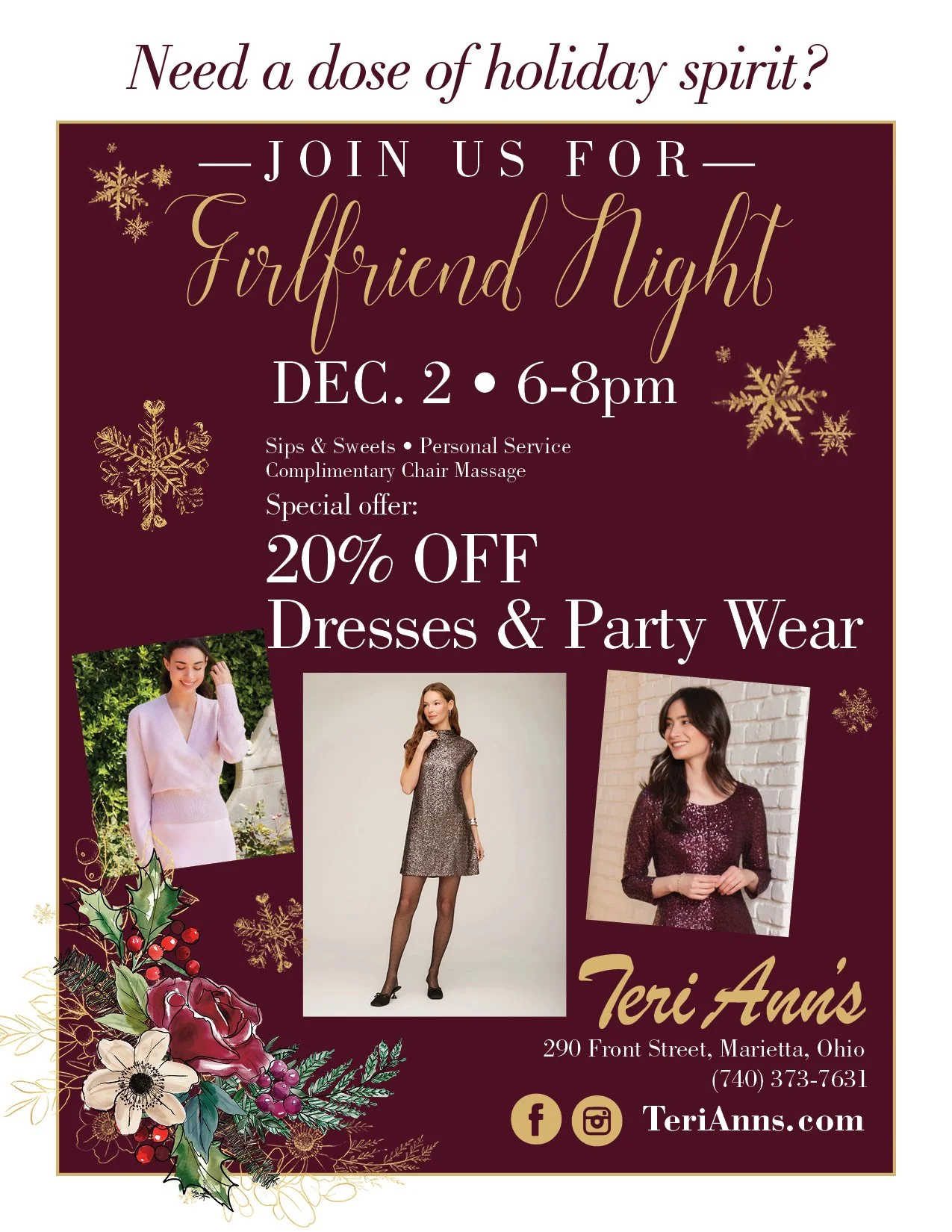 Get ready for all of your holiday parties with 20% off Dresses &amp; Party Wear✨
Tuesday, December 2 from 6-8pm only!