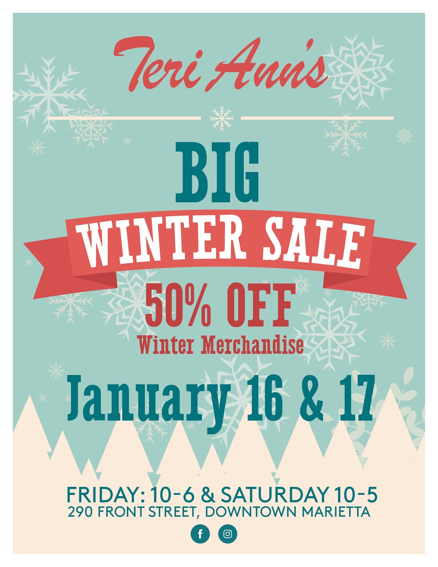 Countdown to the BIG Winter SALE! ❄️
50% OFF all winter merchandise on January 16 &amp; 17 ONLY!
It's the perfect time to treat yourself (or a friend!) to a winter upgrade.
Friday, January 16: 10am-6pm
Saturday, January 17: 10am-5pm (plus stroll down