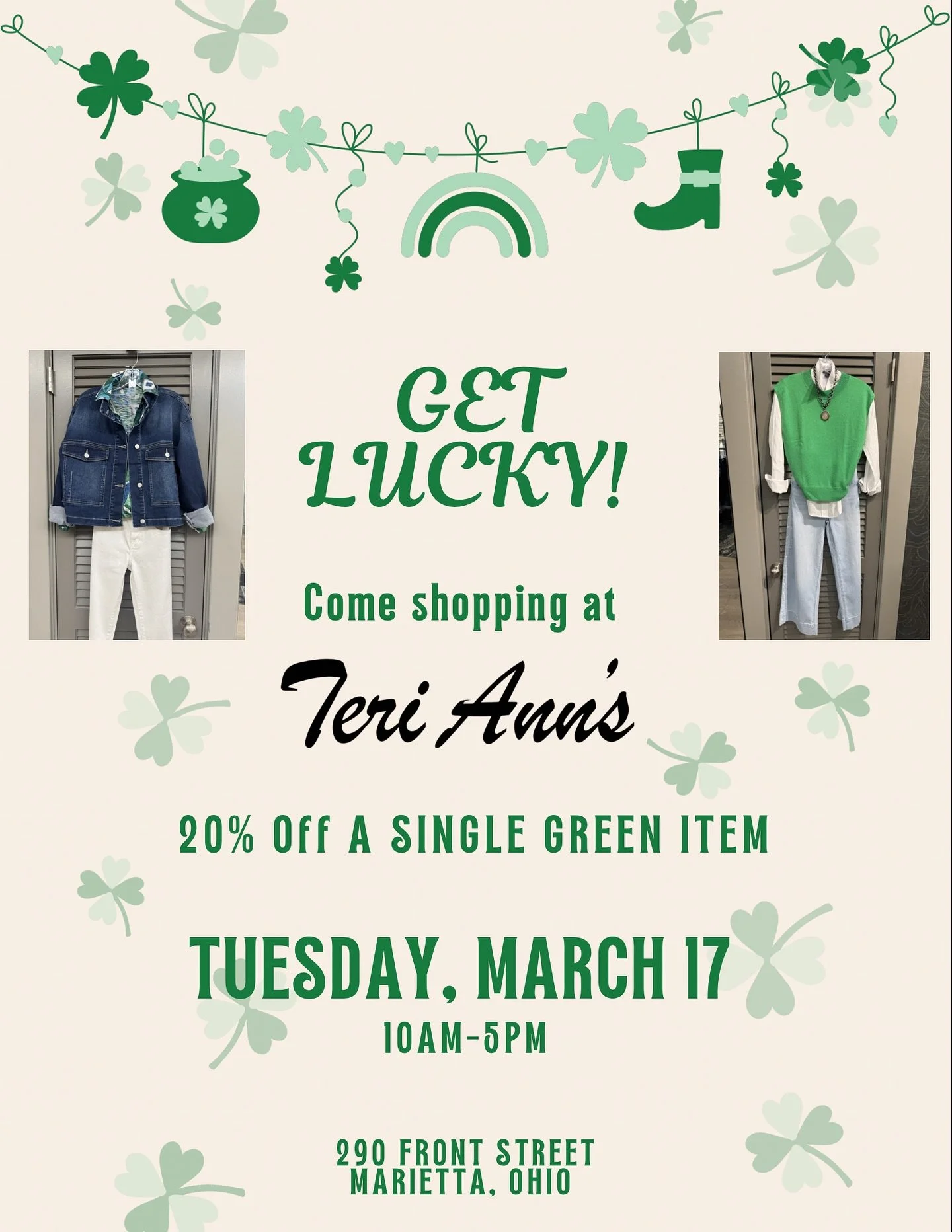 🍀🍀 Come get lucky with us at Teri Ann&rsquo;s on St. Patrick&rsquo;s Day and receive 20% off a single green item! Hope to see you downtown 🍀🍀