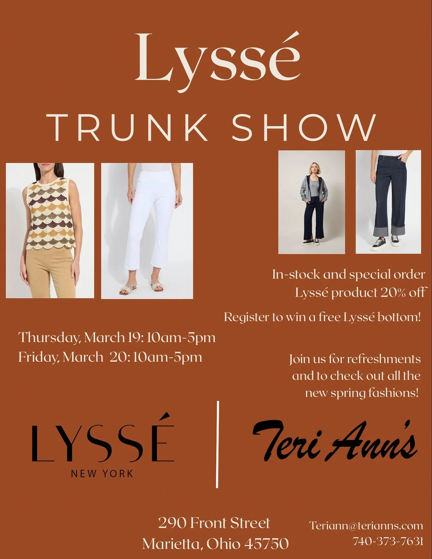 ✨Join us in store today (3/19) or tomorrow (3/20) from 10am-5pm for all the Lyss&eacute; Trunk Show fun! ✨

20% off all in stock and special order Lysse product. 

We can&rsquo;t wait to see you downtown! 💛

#terianns #mariettaohio #shoplocal #think