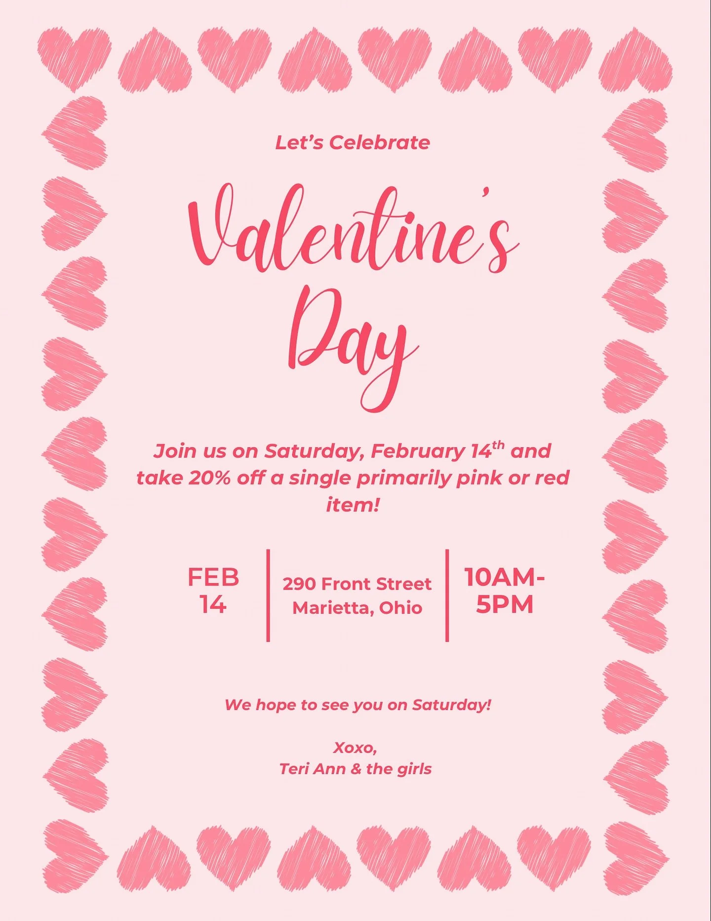 Love is SWEET! Happy Valentines Day 💕 stop in and celebrate with us tomorrow (2/14) and take 20% off a single primarily pink or red item! ❤️💕🎀