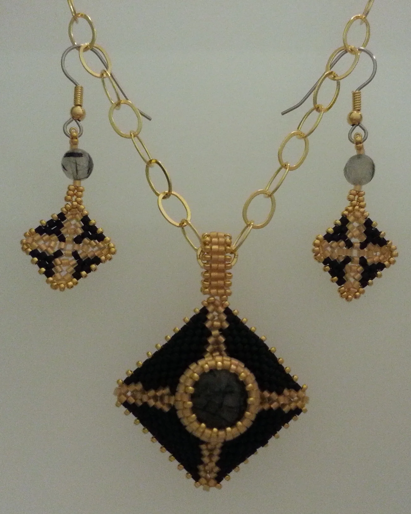 Rutilated Quartz Peyote Pendant and Earrings