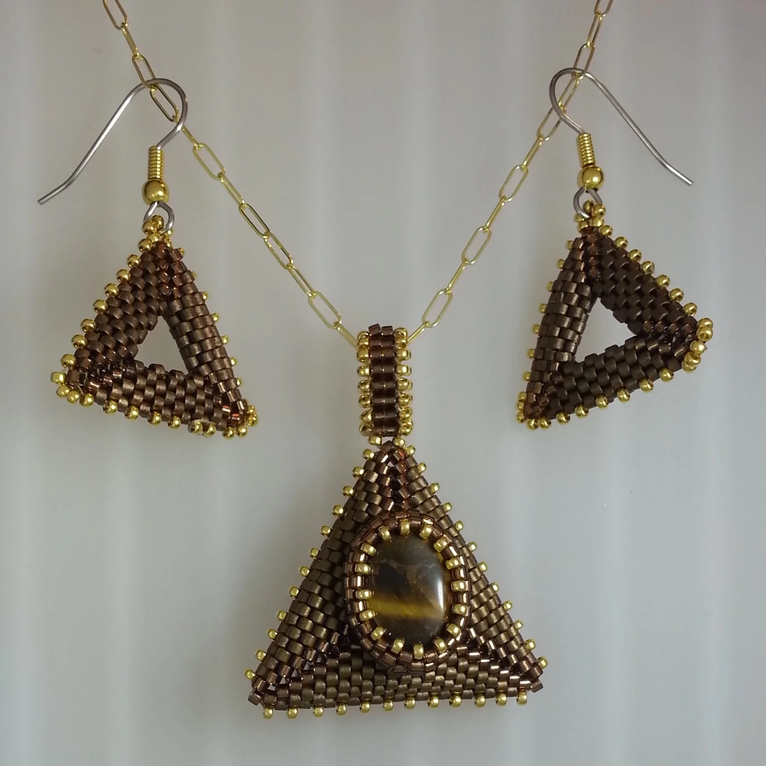 Tiger Eye Peyote Pendant and Earrings