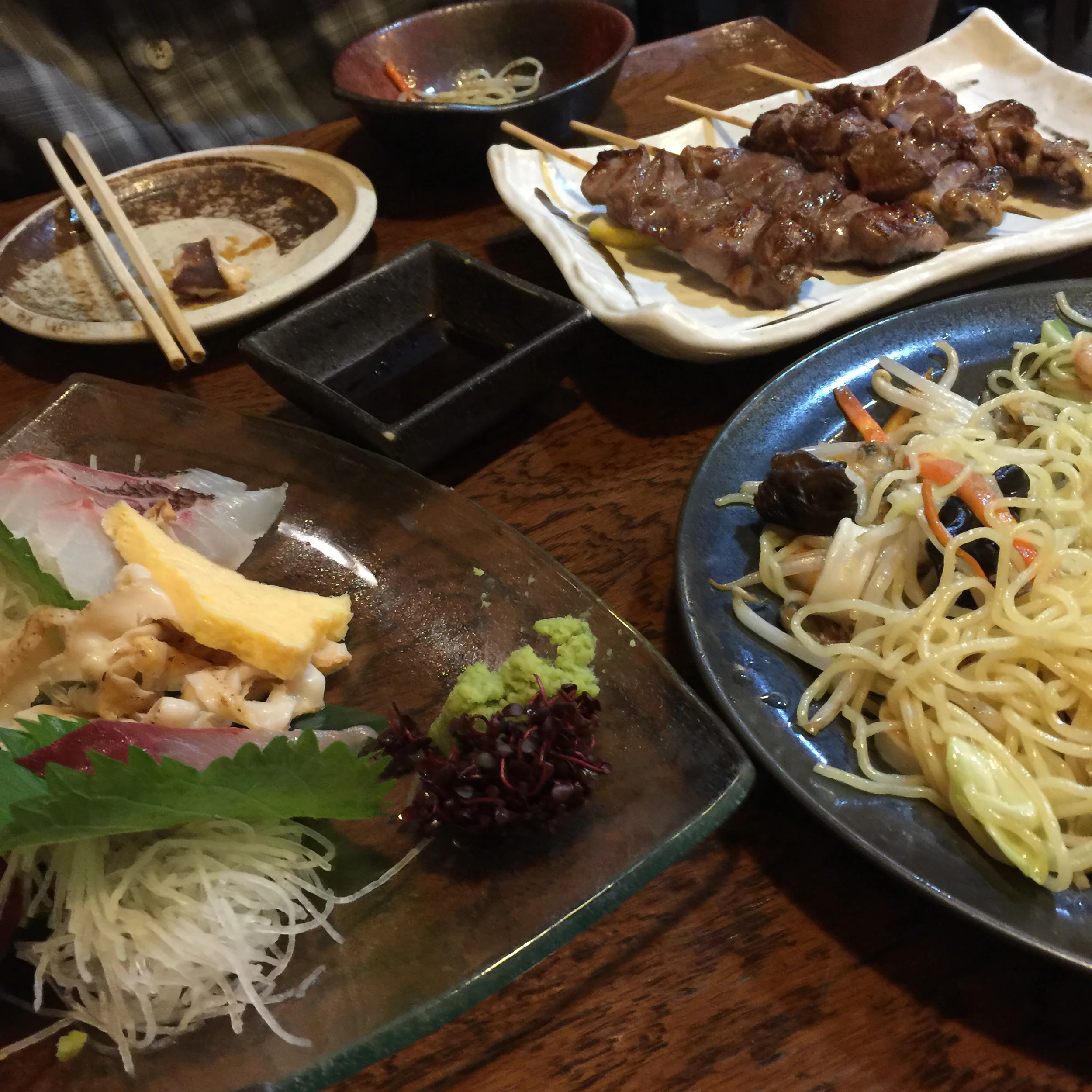 Izakaya foods, yakitori, sashimi, yakisoba