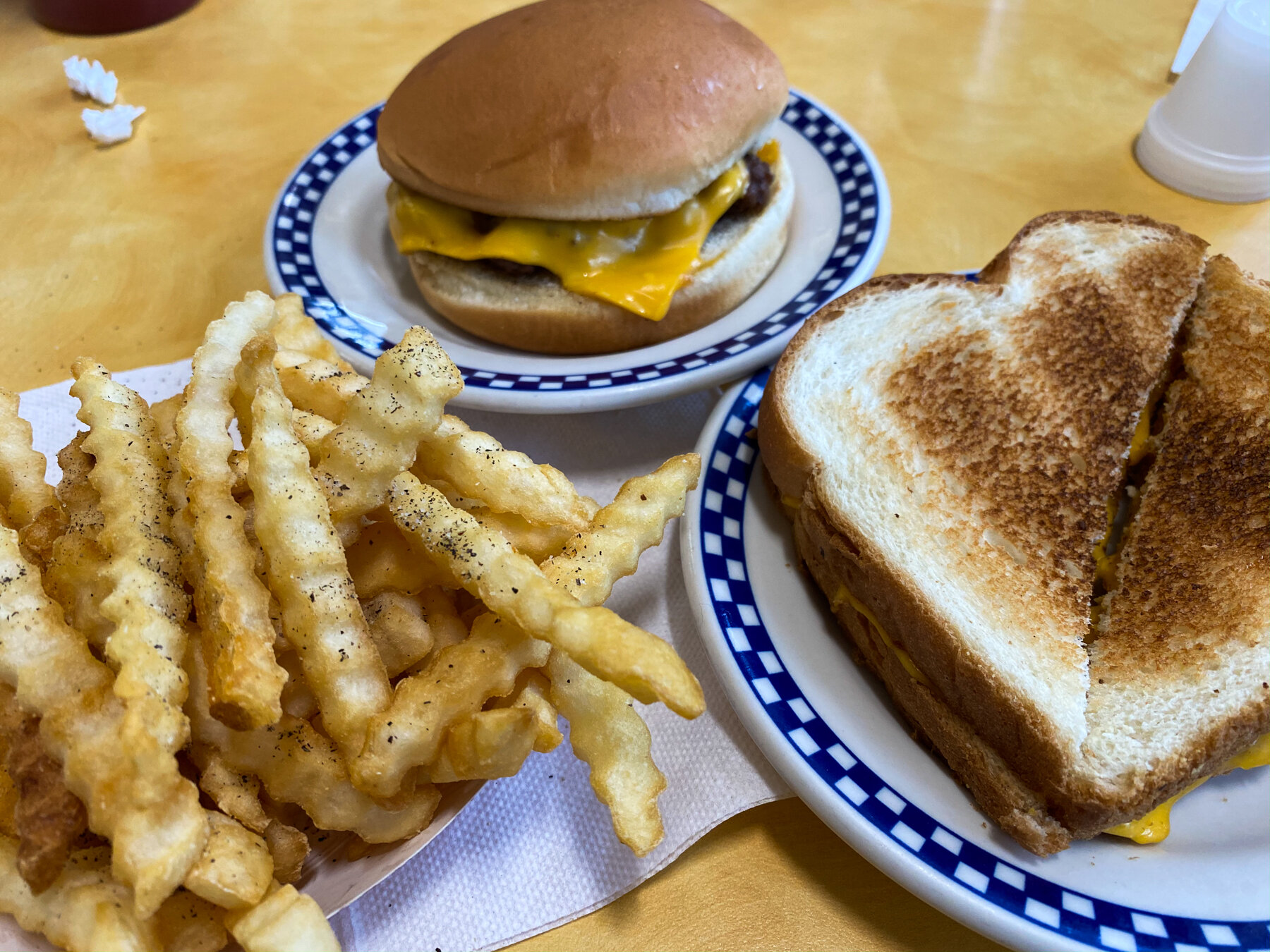 Kewpee's cheeseburger, fries, and toasted cheese sandwich