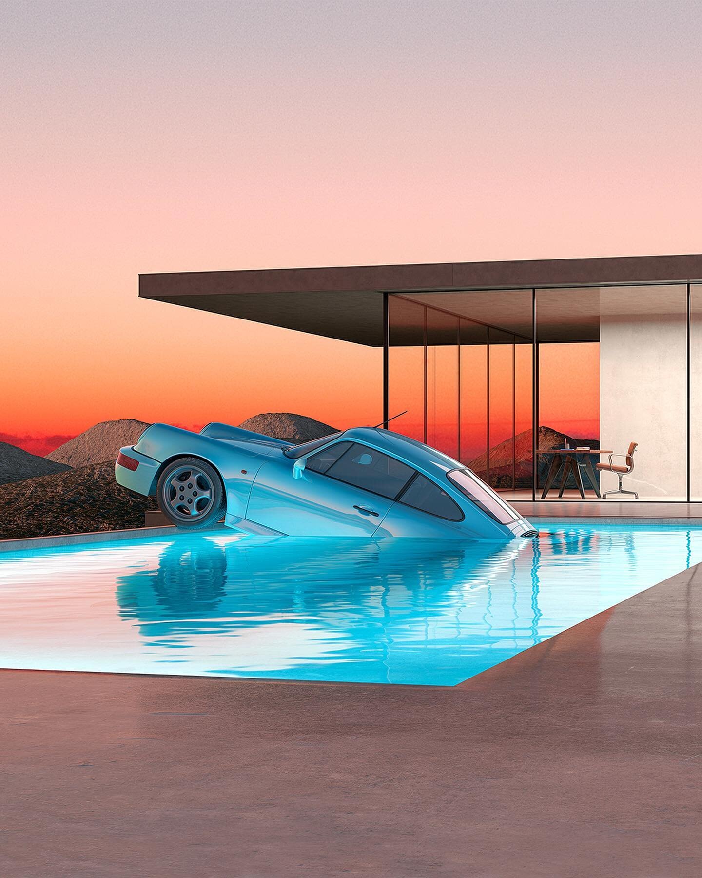 Blue 964 in a pool with the lights on and off. I couldn&rsquo;t decide which I preferred so I am offering both. #sunset #porsche #design #artwork #swimmingpool