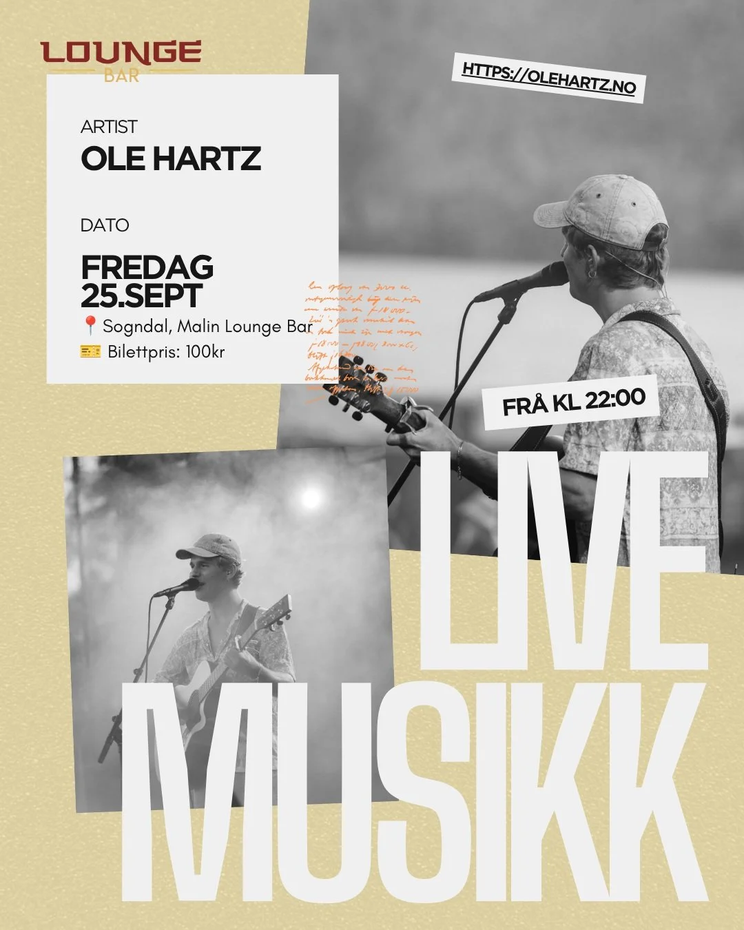 🎶 Ole Hartz live i loungen
Fredag 25. september kl. 22:00

Ein intim kveld med trubadurstemning og kjende klassikarar du kan synge med p&aring;!✨ 

🕦 22:00
🎟️ 100 kr (betaling via vipps) 
🔞 20-&aring;rsgrense