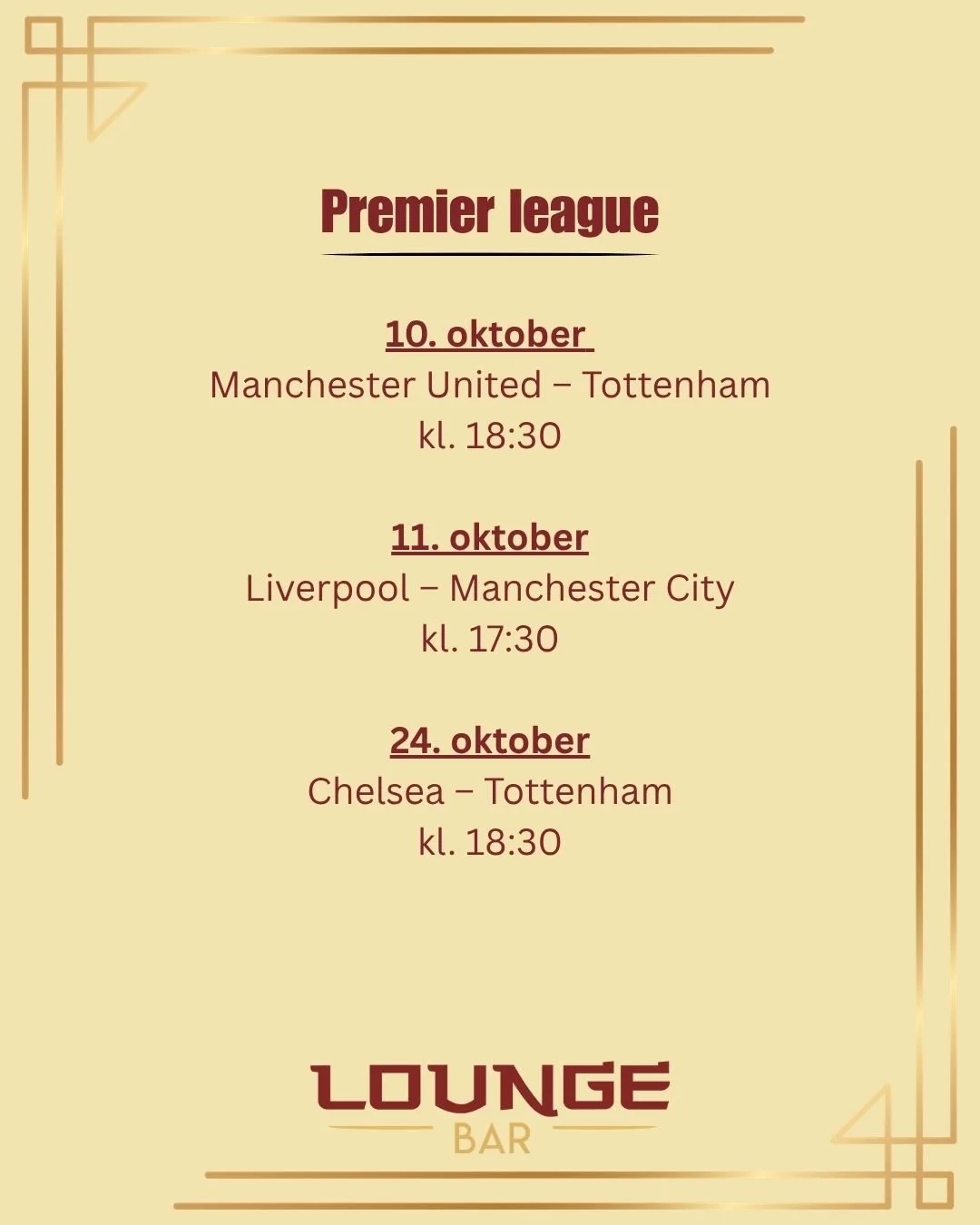 Premier League ⚽
Nye storkampar st&aring;r for tur i Loungen p&aring; Malin.

P&aring; bilete ser du nokre av kampane vi planlegg &aring; vise framover.

&Oslash;nskjer du &aring; sj&aring; ein annan Premier League-kamp? Sei ifr&aring; &ndash; vi har