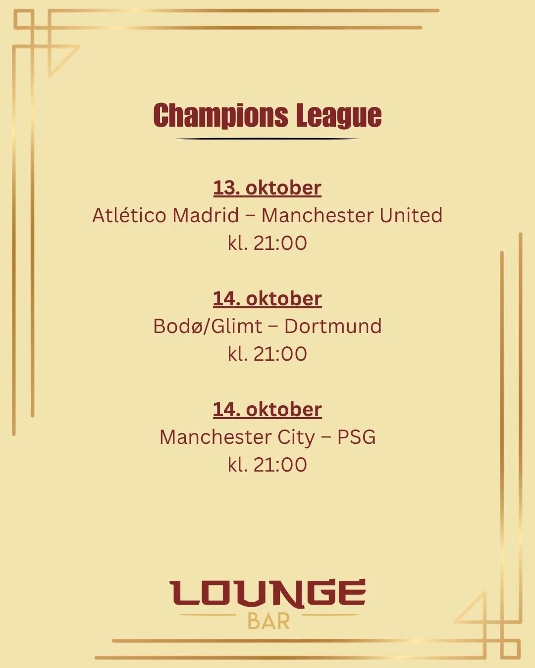Champions League ⭐

P&aring; bilete finn du nokre av Champions League-kampane vi har p&aring; planen framover.

N&aring;r fleire kampar g&aring;r samtidig, tilpassar vi visinga etter interesse og oppm&oslash;te. Er det ein bestemt kamp du &oslash;nsk