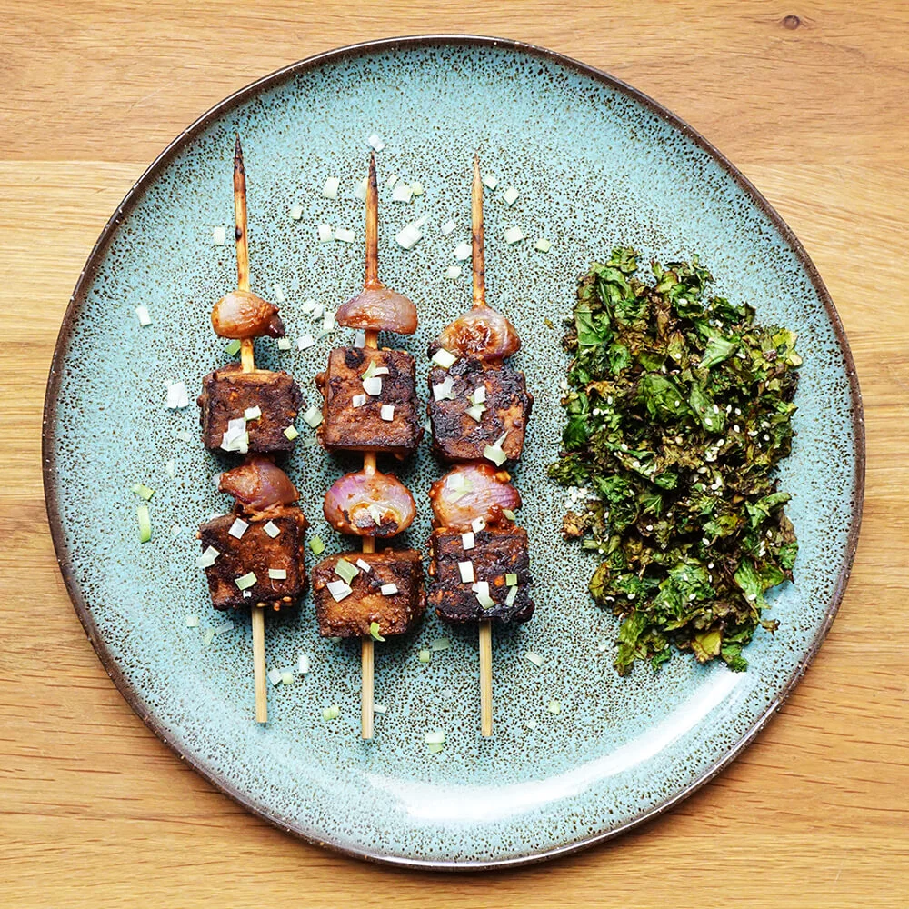Tofu shallot satay with kale crispy seaweed 