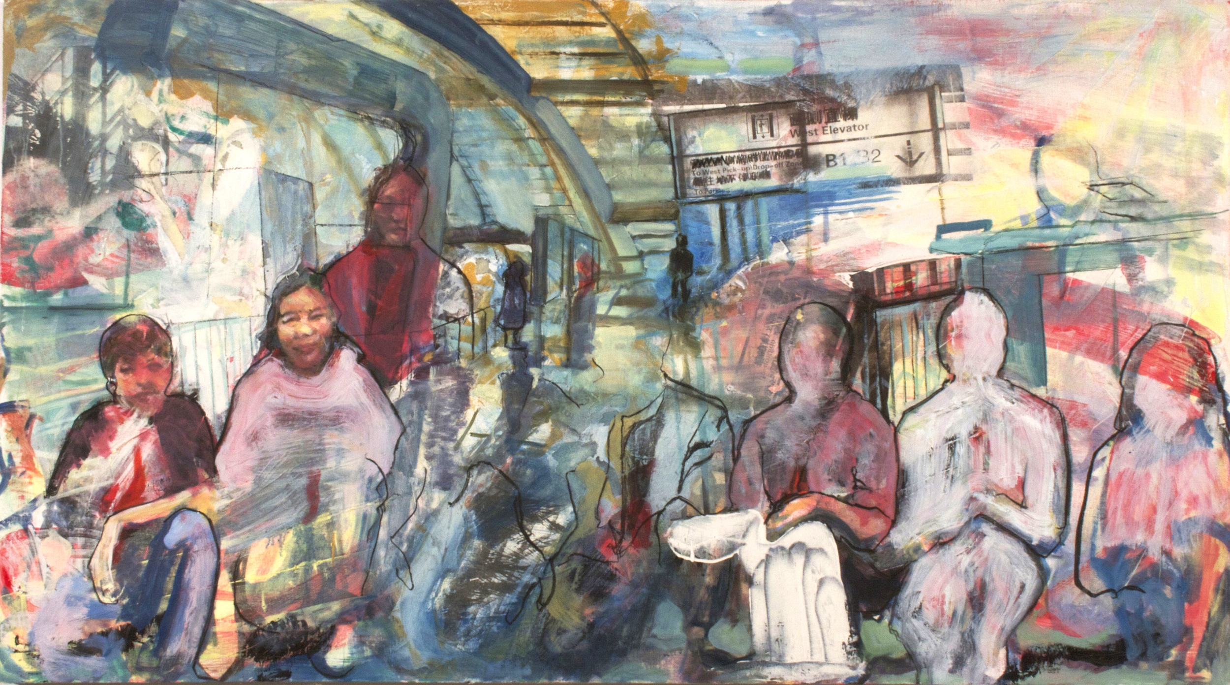 Departure . Oil, house paint, charcoal and silkscreen collage on linen, 3x6 ft. 2013