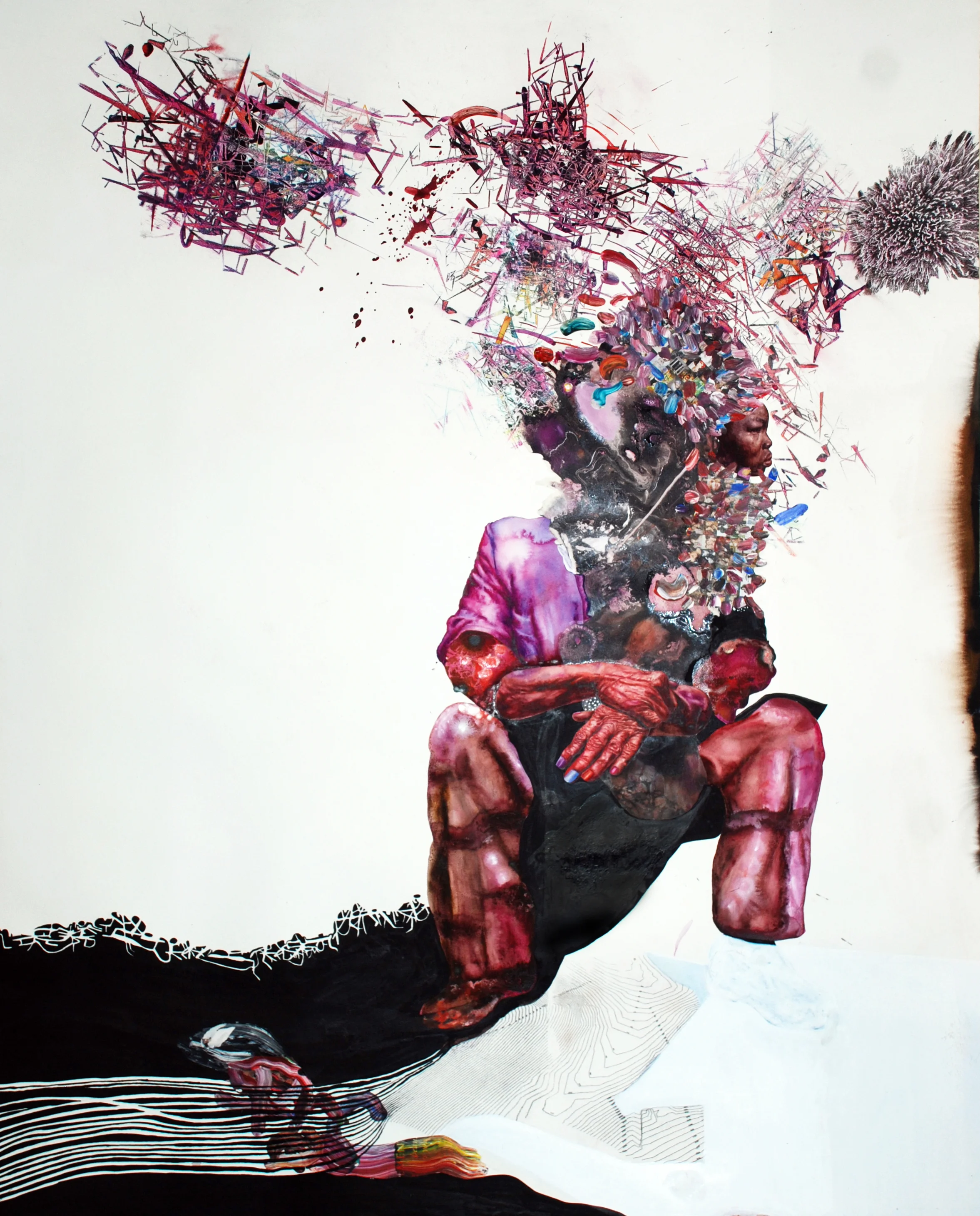 Burst Ink, watercolour, coloured pencils, acrylic and collage on paper, 120x150cm, (Sold)