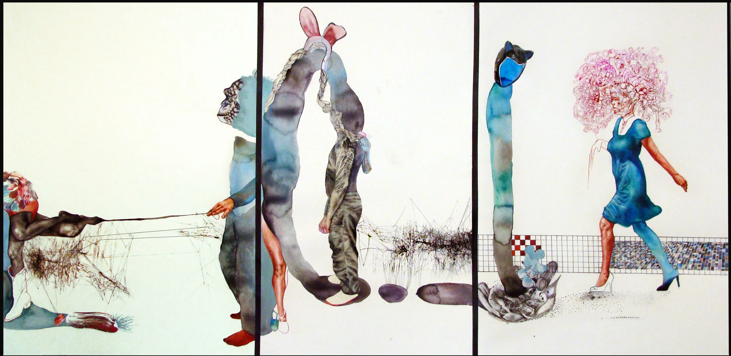 Untitled Ink, watercolour, coloured pencils and collage on paper, triptych, 50x70cm each
