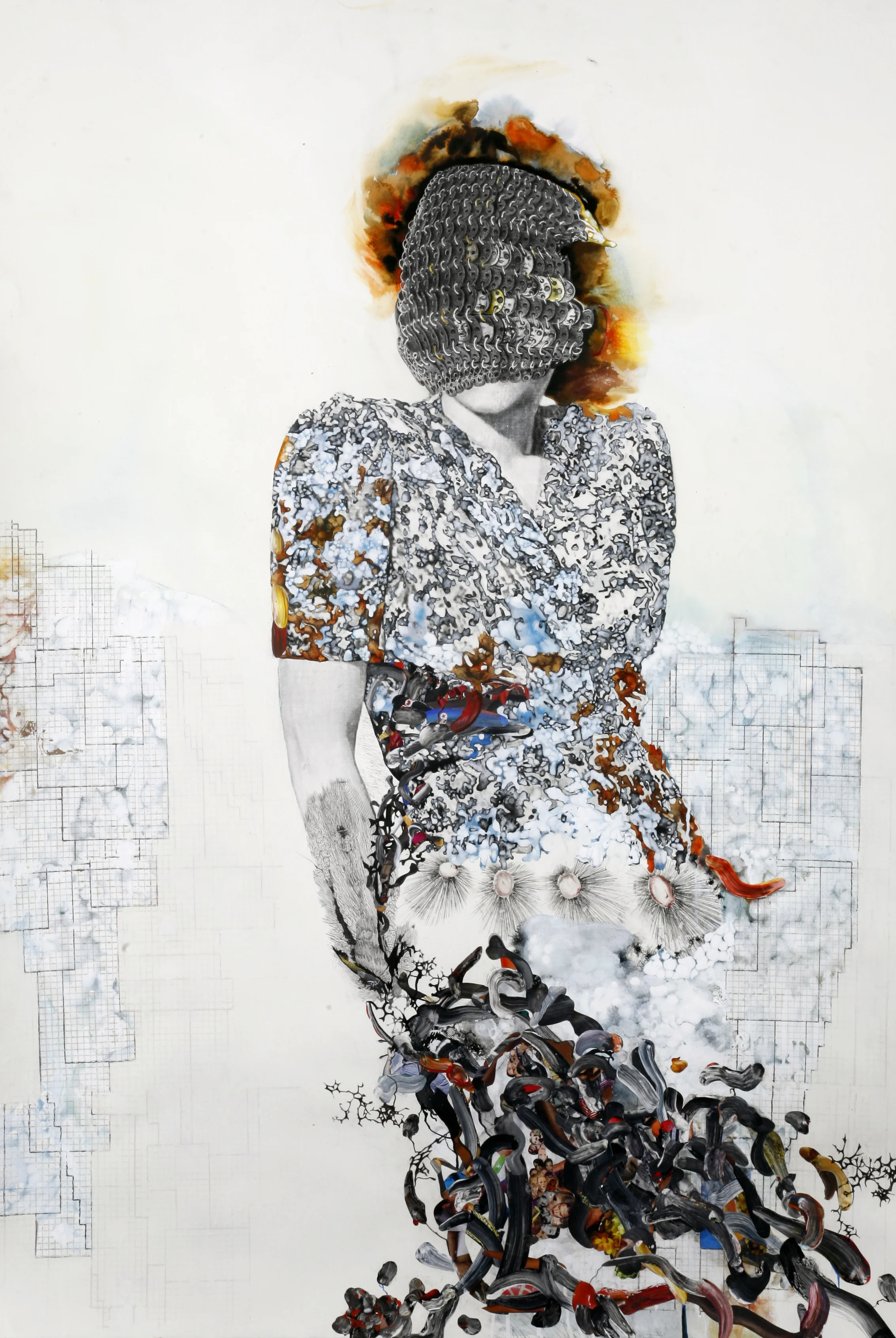Unmask Ink, watercolour, pencil and collage on paper, 120x150cm (Sold)