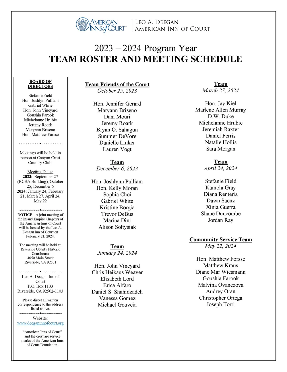 2023-2024 Team Roster — Deegan Inn of Court