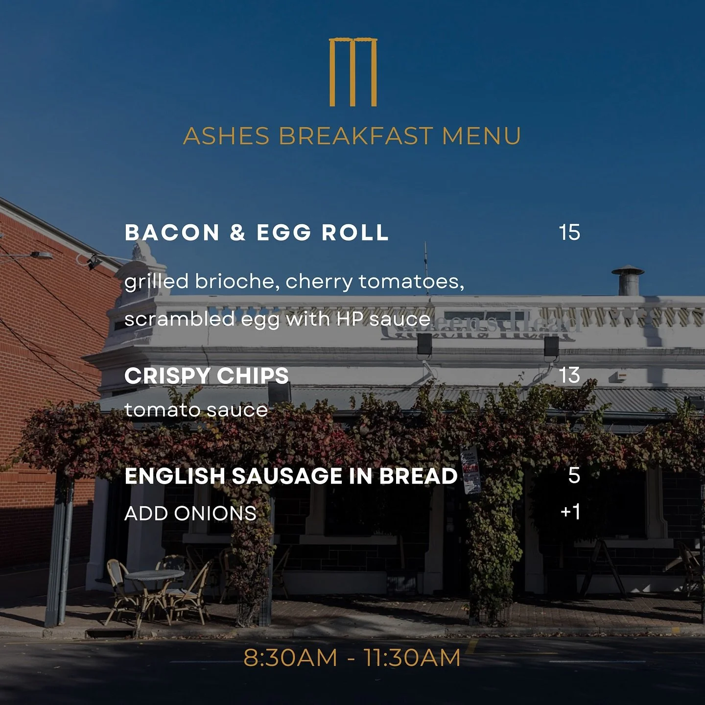 Ashes Test mornings start here!
Breakfast from 8:30am at The Queen&rsquo;s Head, the closest pub to Adelaide Oval.