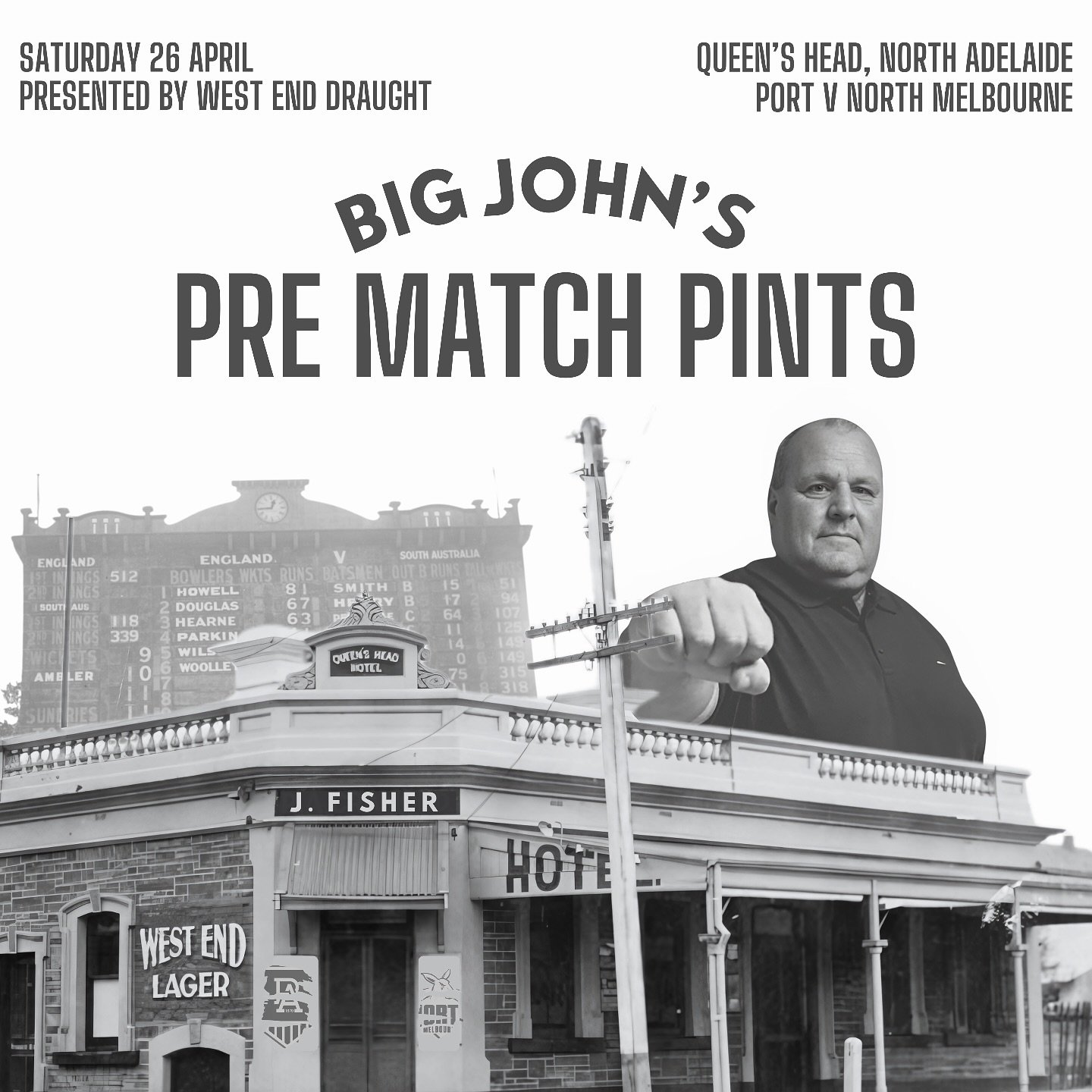 Let&rsquo;s Av It! @itsbigjohn1 will be at The Queen&rsquo;s Head on Saturday 26 April, Before and After the Port Adelaide vs North Melbourne Match. 

Calling all Adelaide Bosh Soldiers, this is Big John&rsquo;s PRE MATCH PINTS presented by West End 