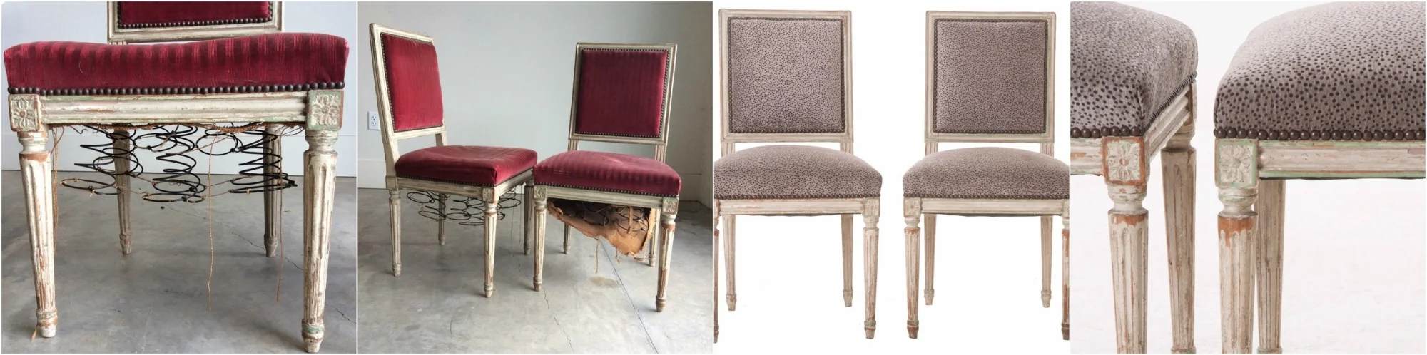 Before and After of antique chairs for Fireside Antiques- interior restoration and custom upholstery.