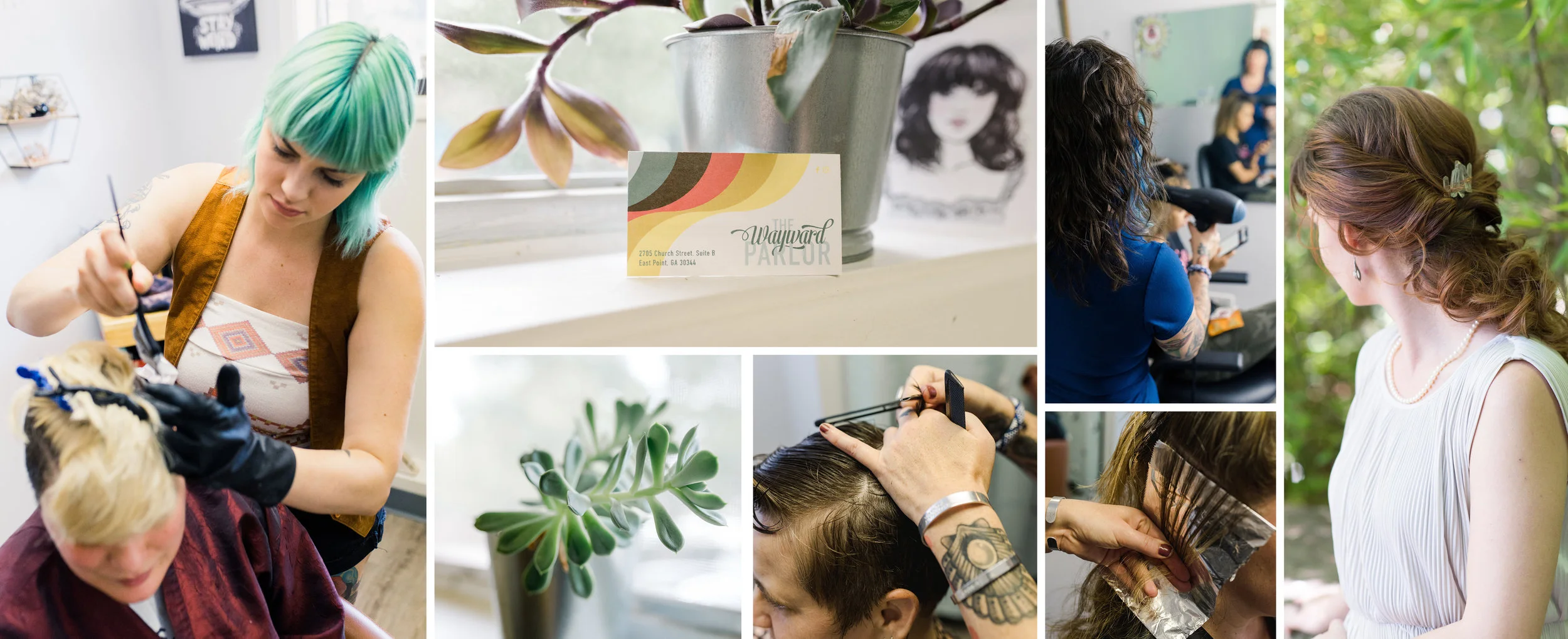 Collage of Salon, Straight Razor, Woman with short hair and bangs, man with hair brushed back and beard, sterilization container, woman with curls, and woman with hair pulled back in curls.